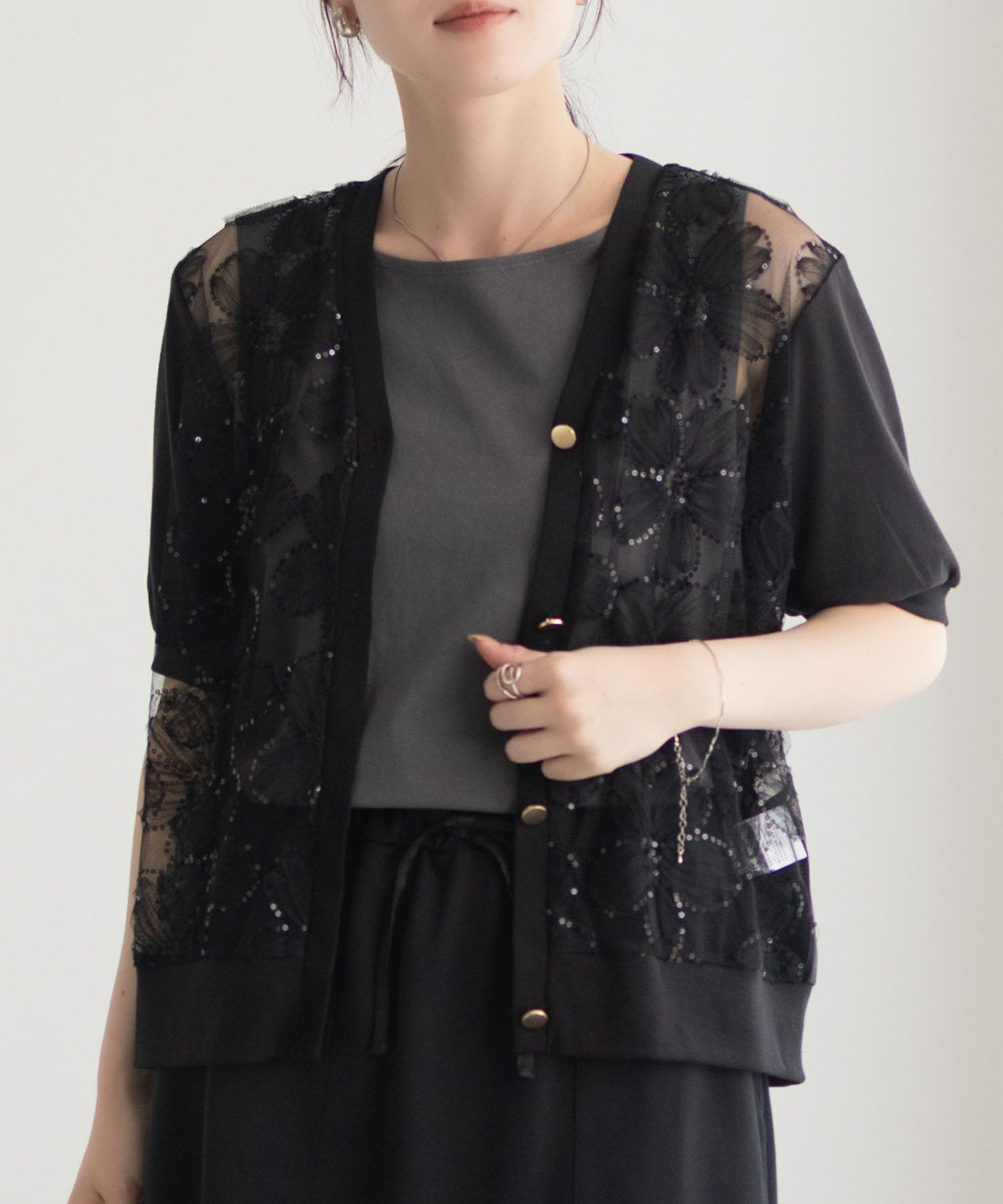 Idnes フラワーチュールハーフスリーブカーディガン レディース