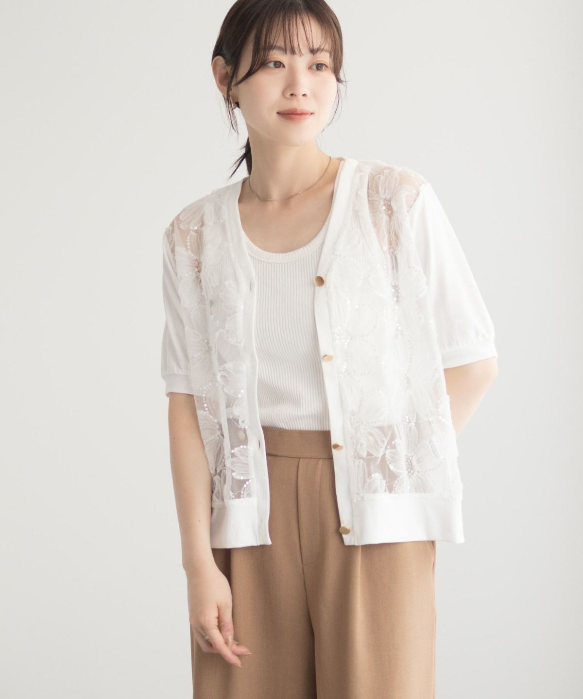 Idnes フラワーチュールハーフスリーブカーディガン レディース