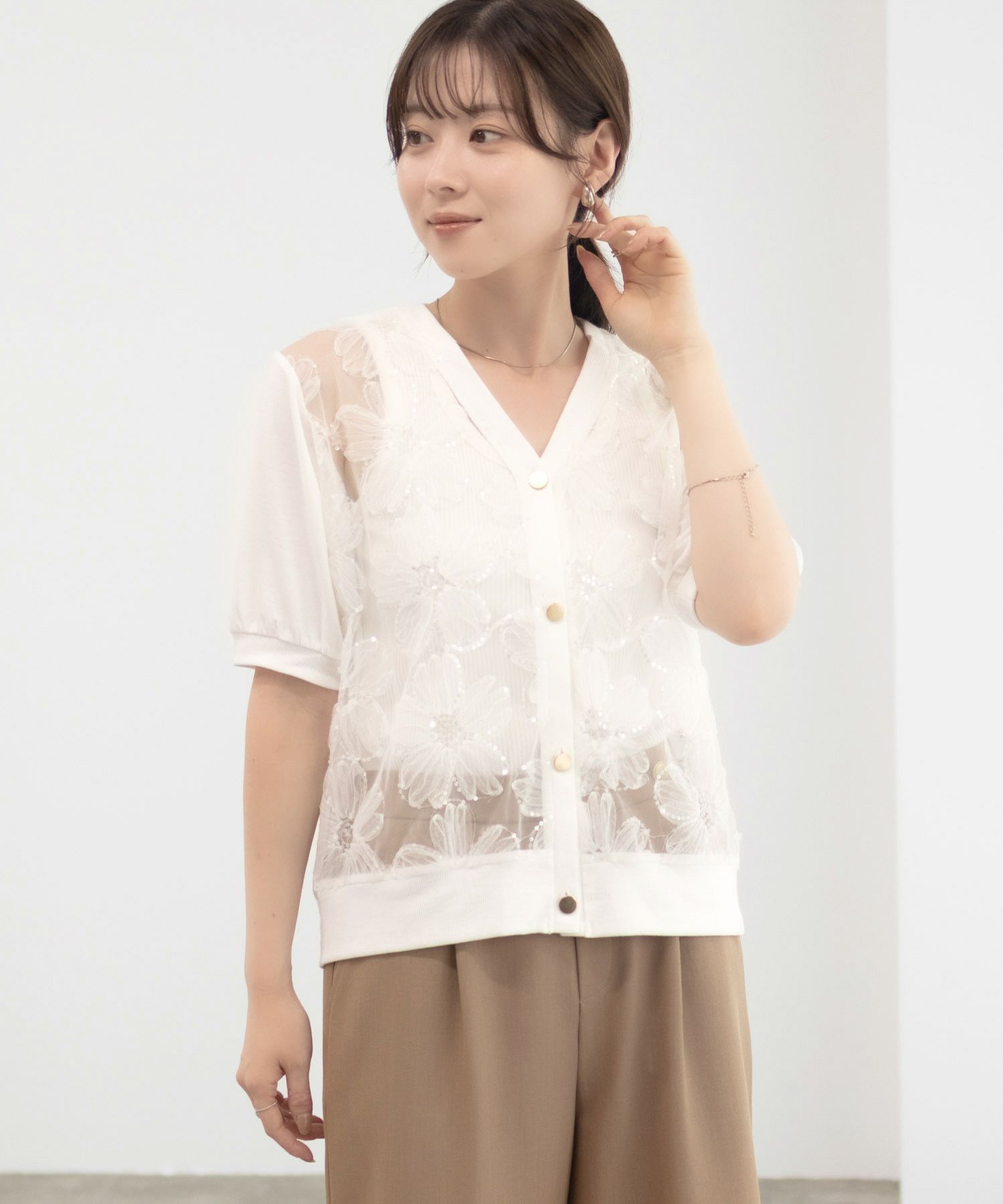 [さらに50%OFF]Idnes フラワーチュールハーフスリーブカーディガン レディース商品画像-6