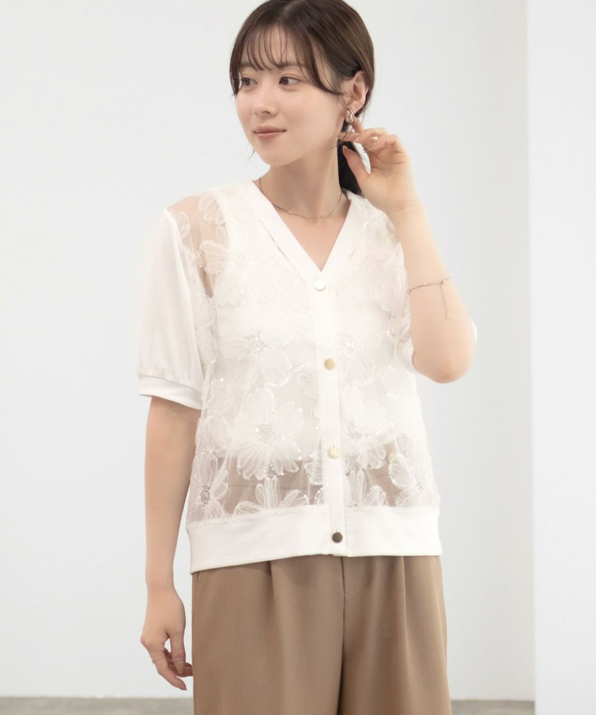 Idnes フラワーチュールハーフスリーブカーディガン レディース