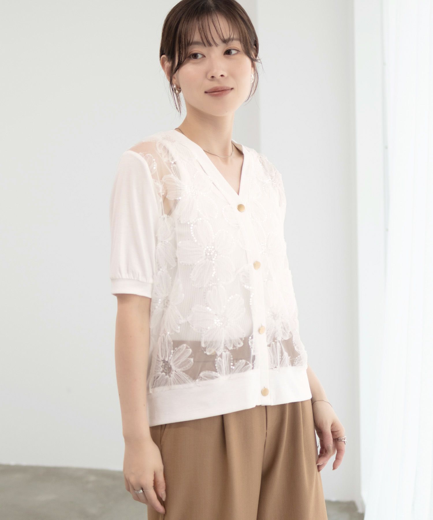 [さらに50%OFF]Idnes フラワーチュールハーフスリーブカーディガン レディース商品画像-7