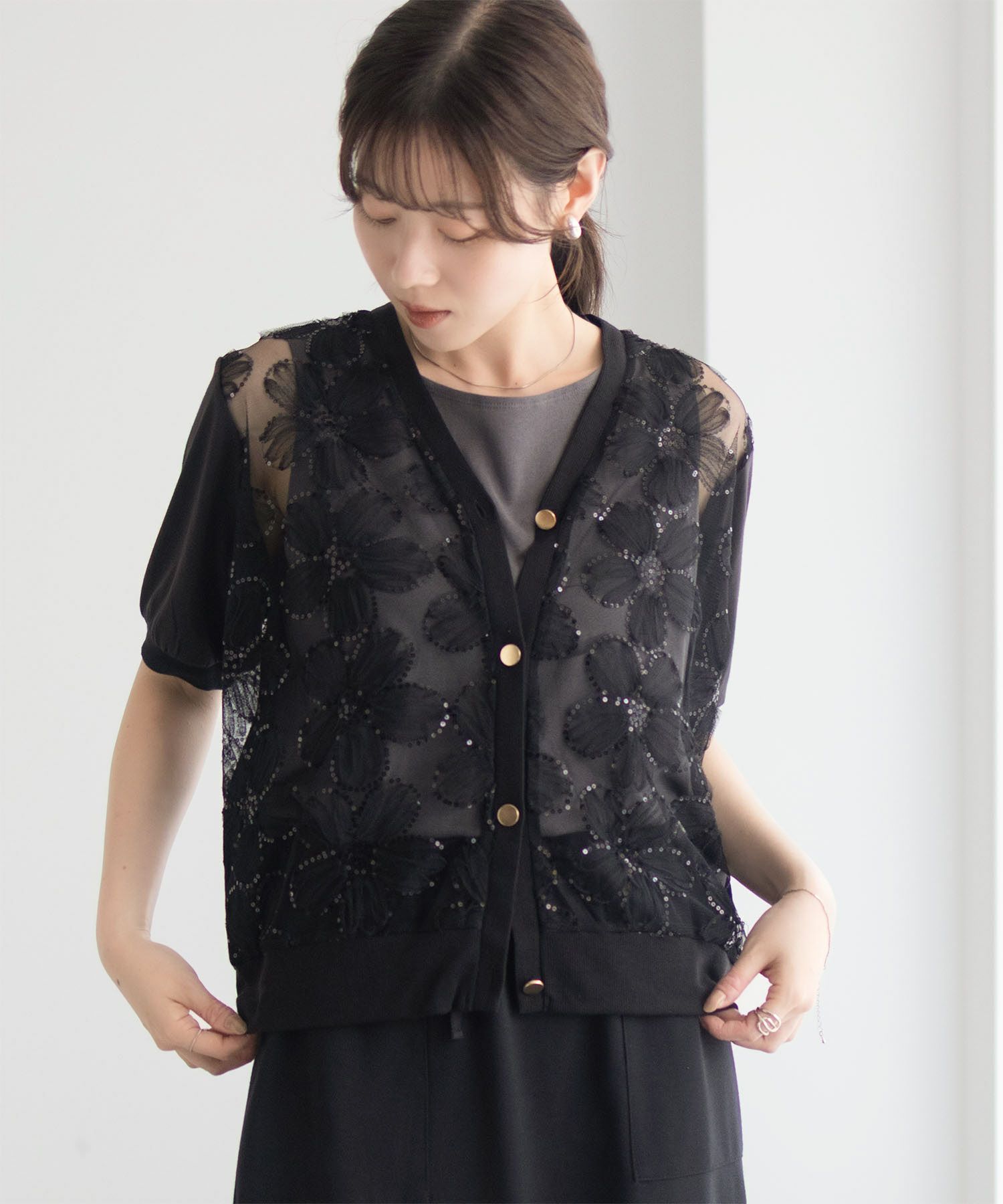 [さらに50%OFF]Idnes フラワーチュールハーフスリーブカーディガン レディース商品画像-15