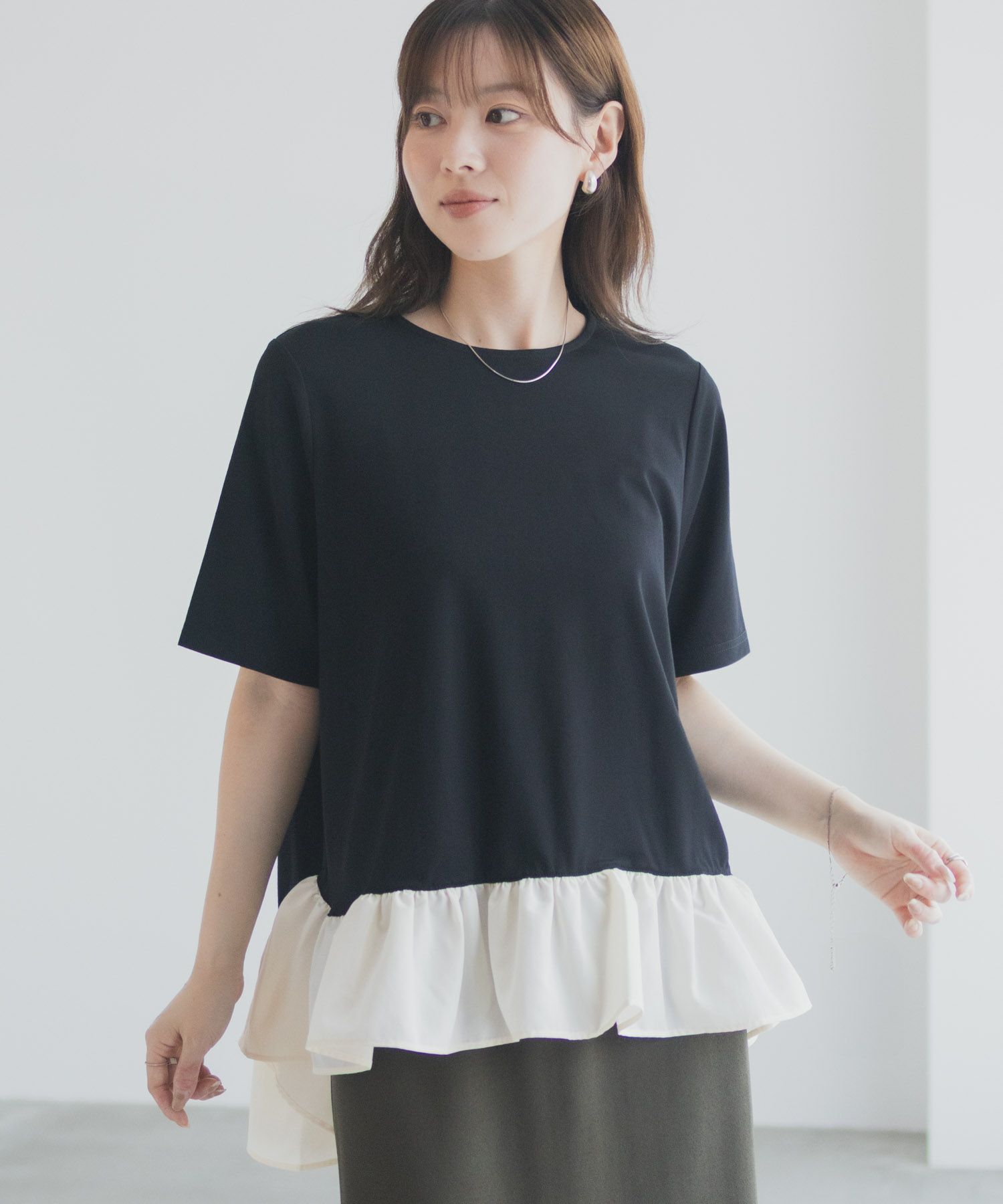 milli de l'air ポンチ素材 ヘム切替ペプラムトップス レディース メール便 対応商品商品画像-5