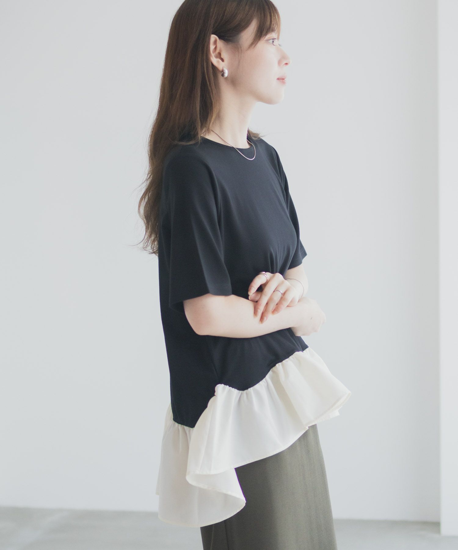 milli de l'air ポンチ素材 ヘム切替ペプラムトップス レディース ネコポス 対応商品