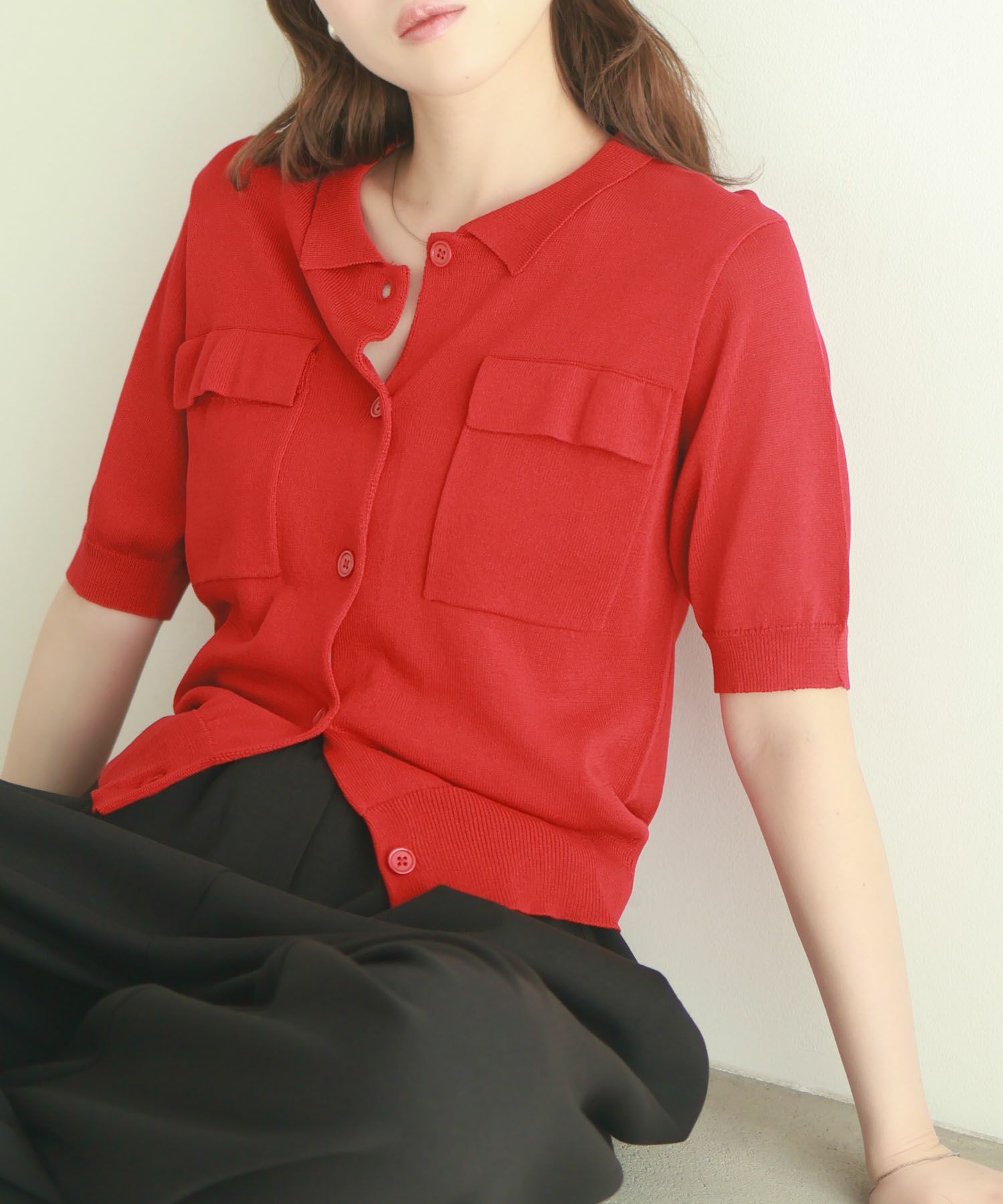 milli de l'air ポロカラーダブルポケットニット レディース