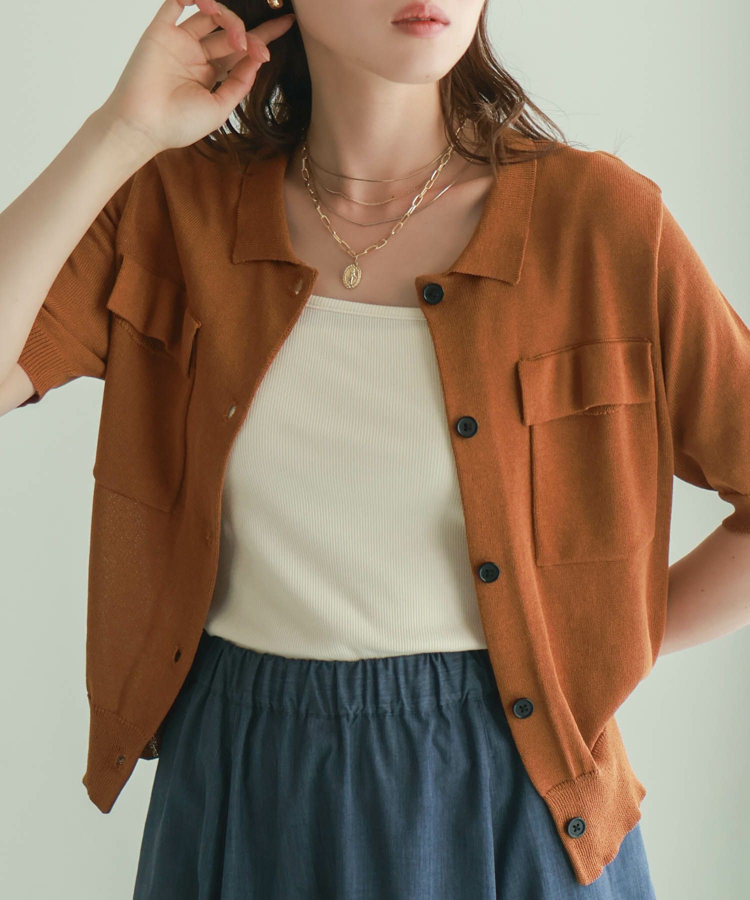 milli de l'air ポロカラーダブルポケットニット レディース