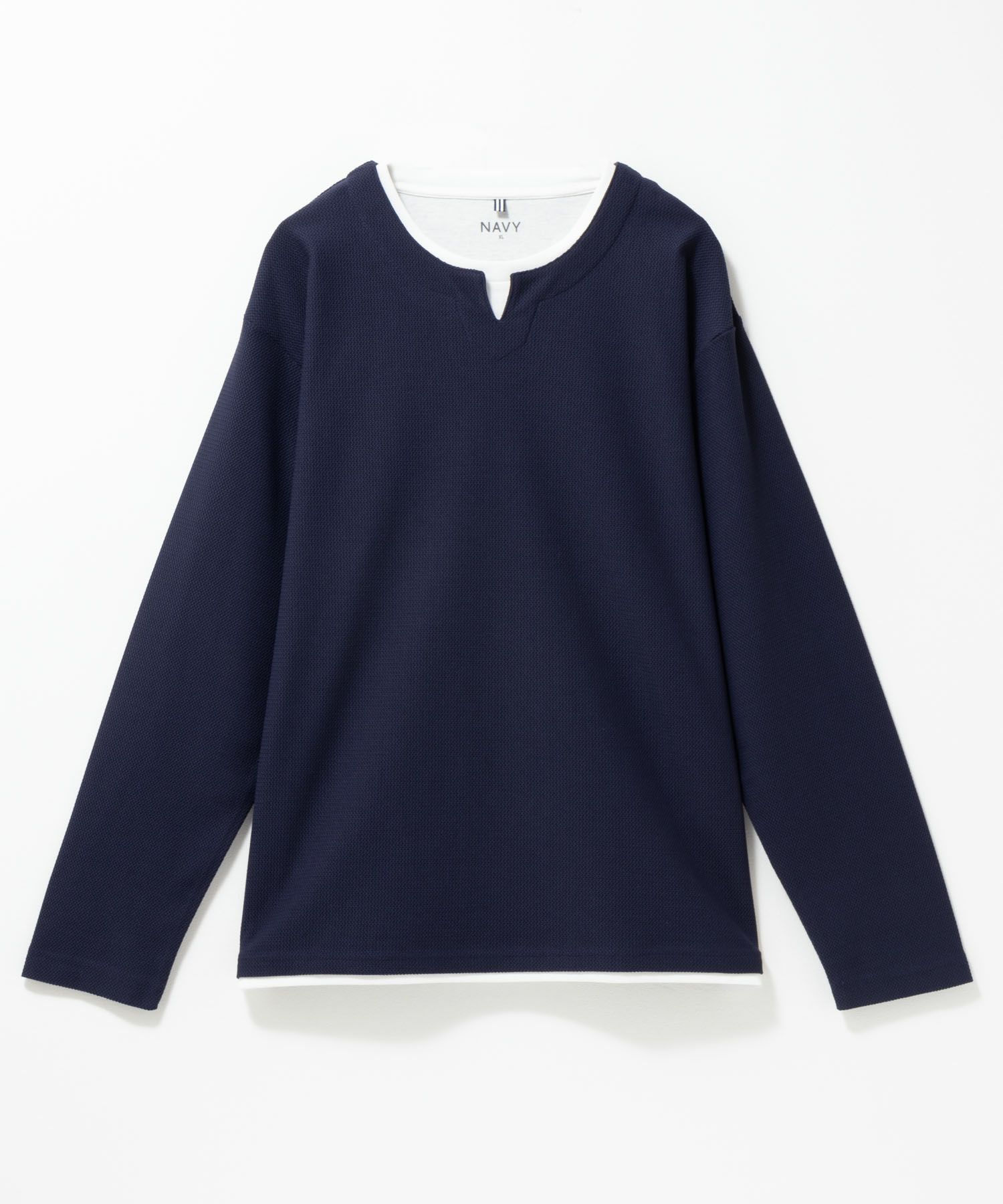 NAVY 時短フェイクレイヤードワッフルキーネックTシャツ メンズ