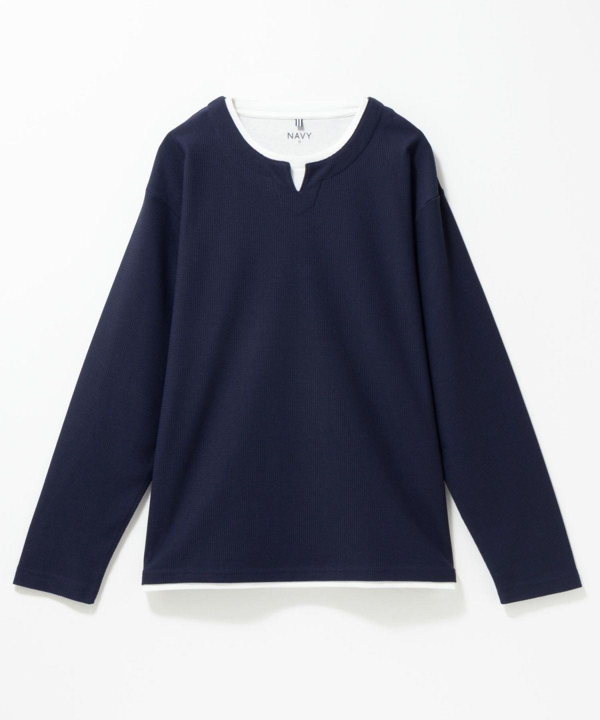 NAVY 時短フェイクレイヤードワッフルキーネックTシャツ メンズ