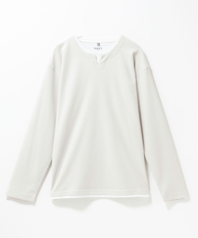 NAVY  時短フェイクレイヤードワッフルキーネックTシャツ メンズ商品画像-3