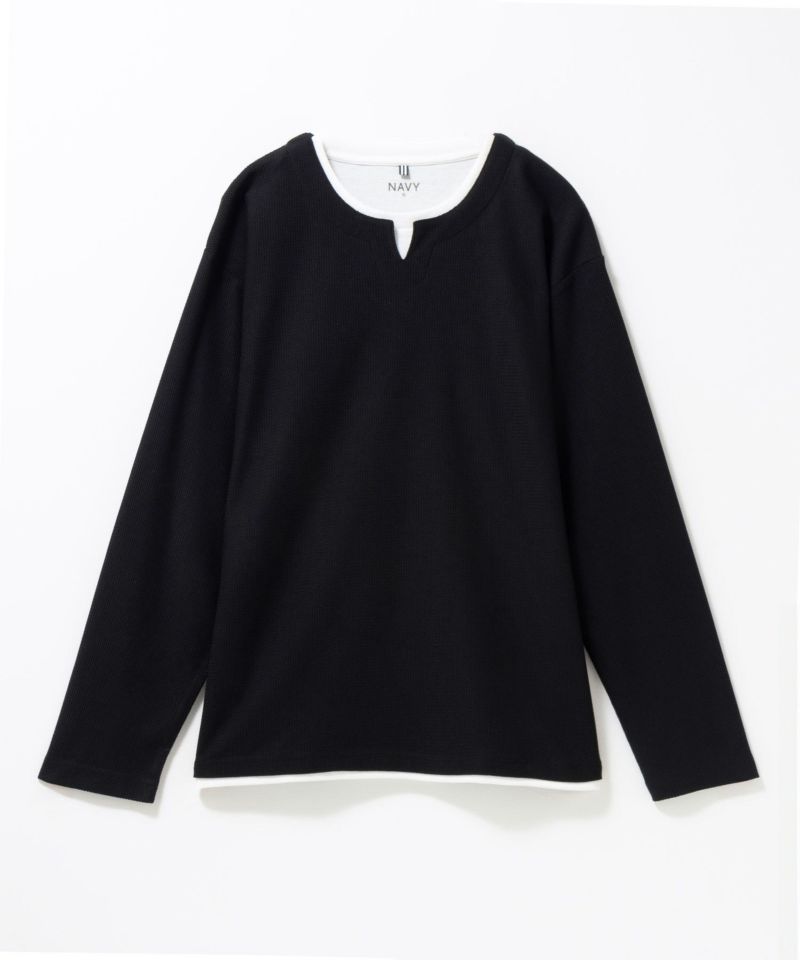 NAVY  時短フェイクレイヤードワッフルキーネックTシャツ メンズ商品画像-5