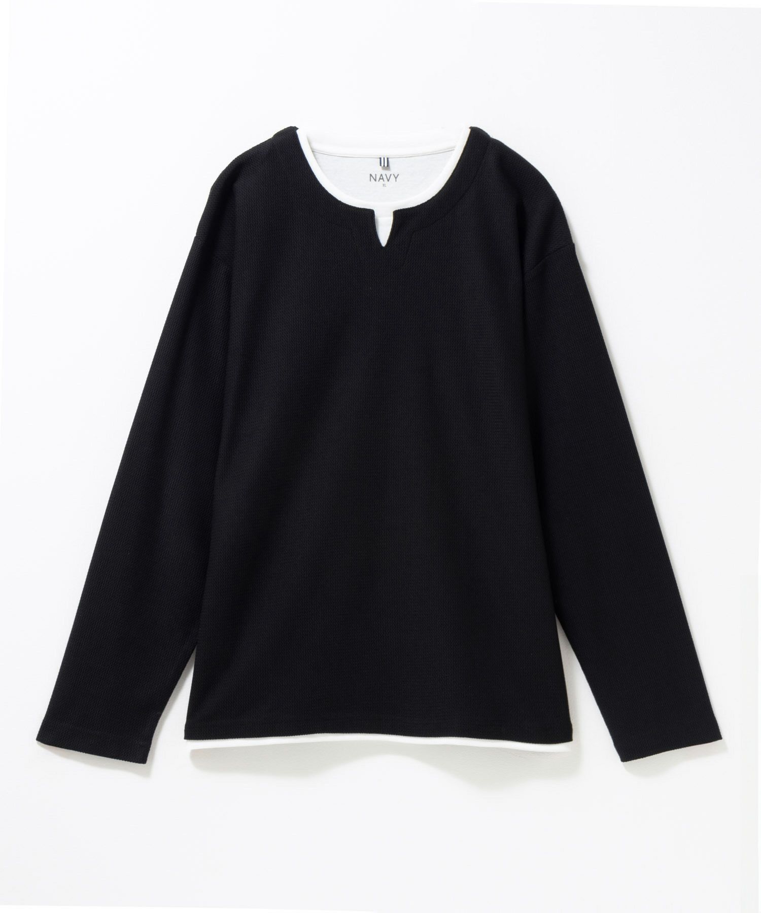 NAVY 時短フェイクレイヤードワッフルキーネックTシャツ メンズ