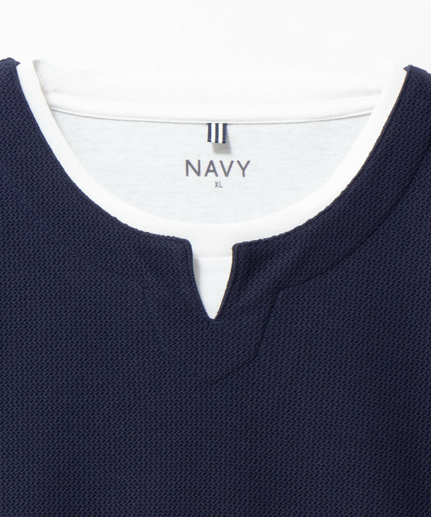 NAVY 時短フェイクレイヤードワッフルキーネックTシャツ メンズ