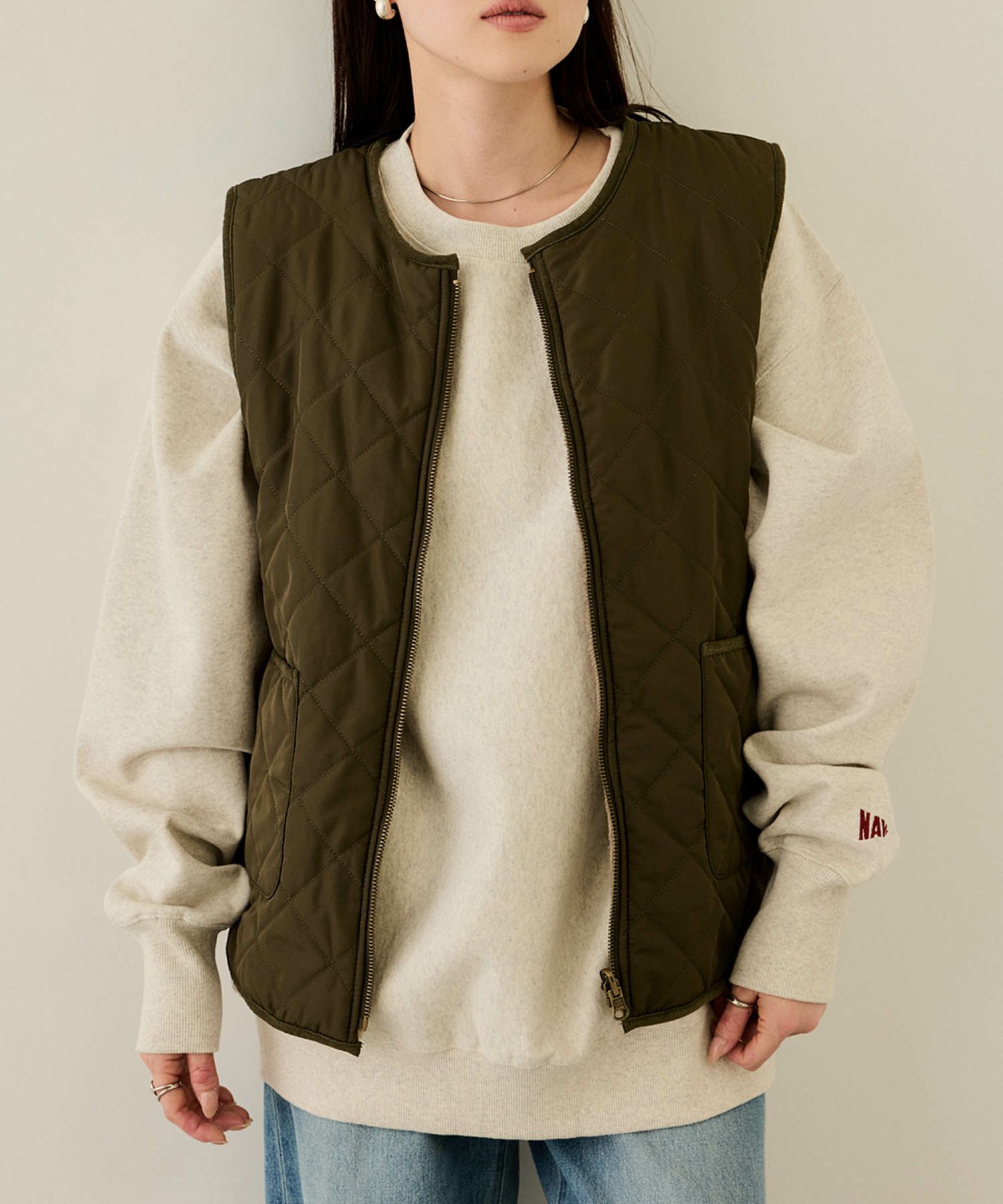 NAVY ボア×タフタリバーシブルベスト レディース