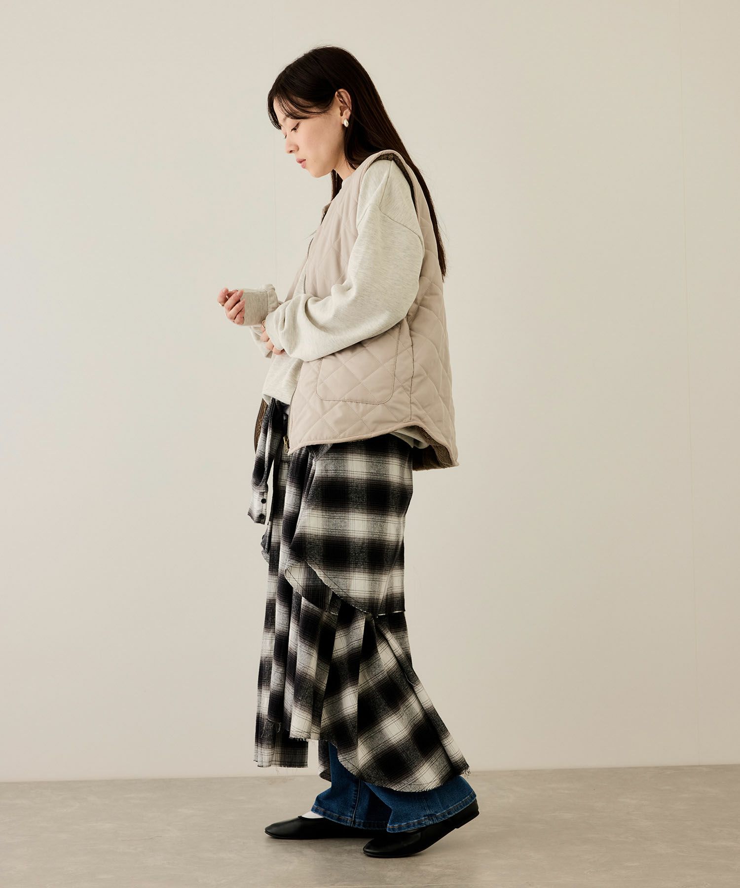 NAVY ボア×タフタリバーシブルベスト レディース