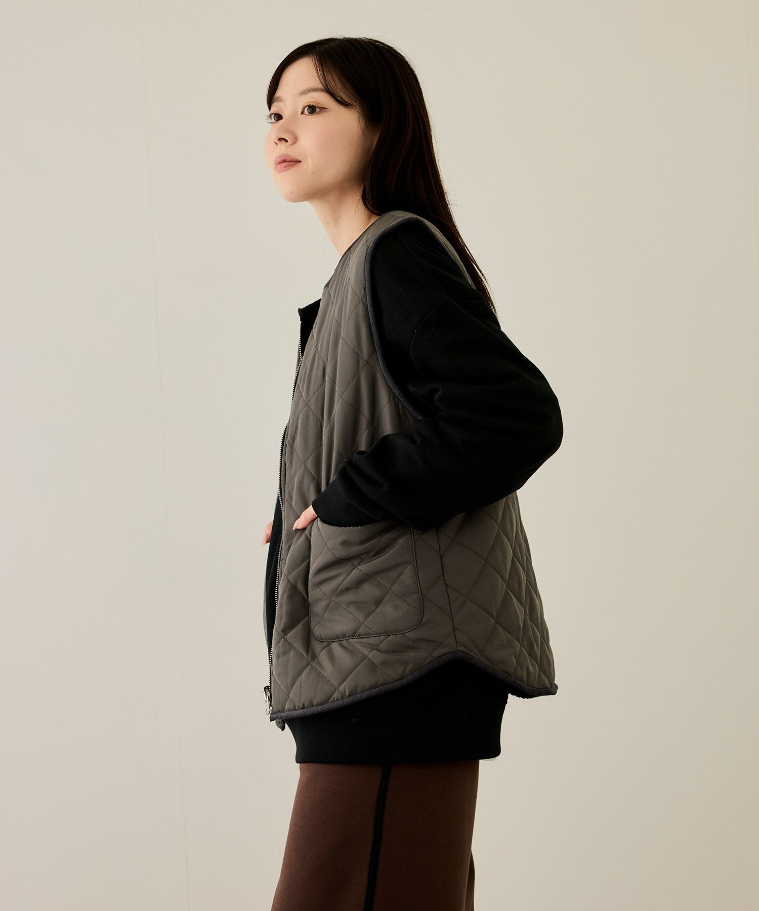 NAVY ボア×タフタリバーシブルベスト レディース