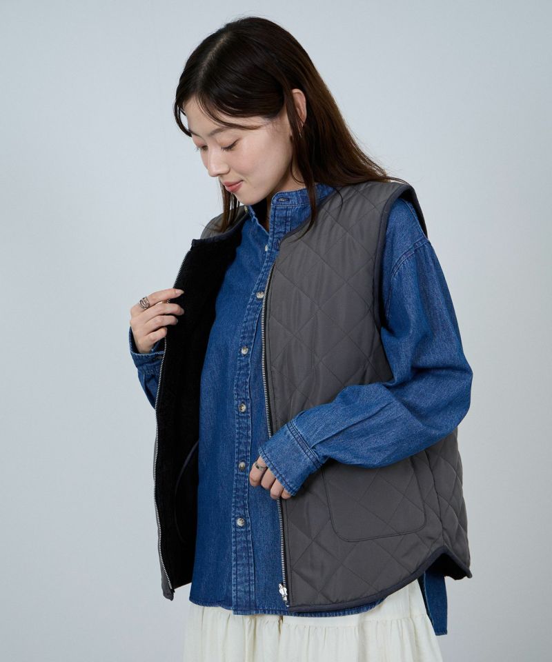 NAVY  ボア×タフタリバーシブルベスト レディース商品画像-12