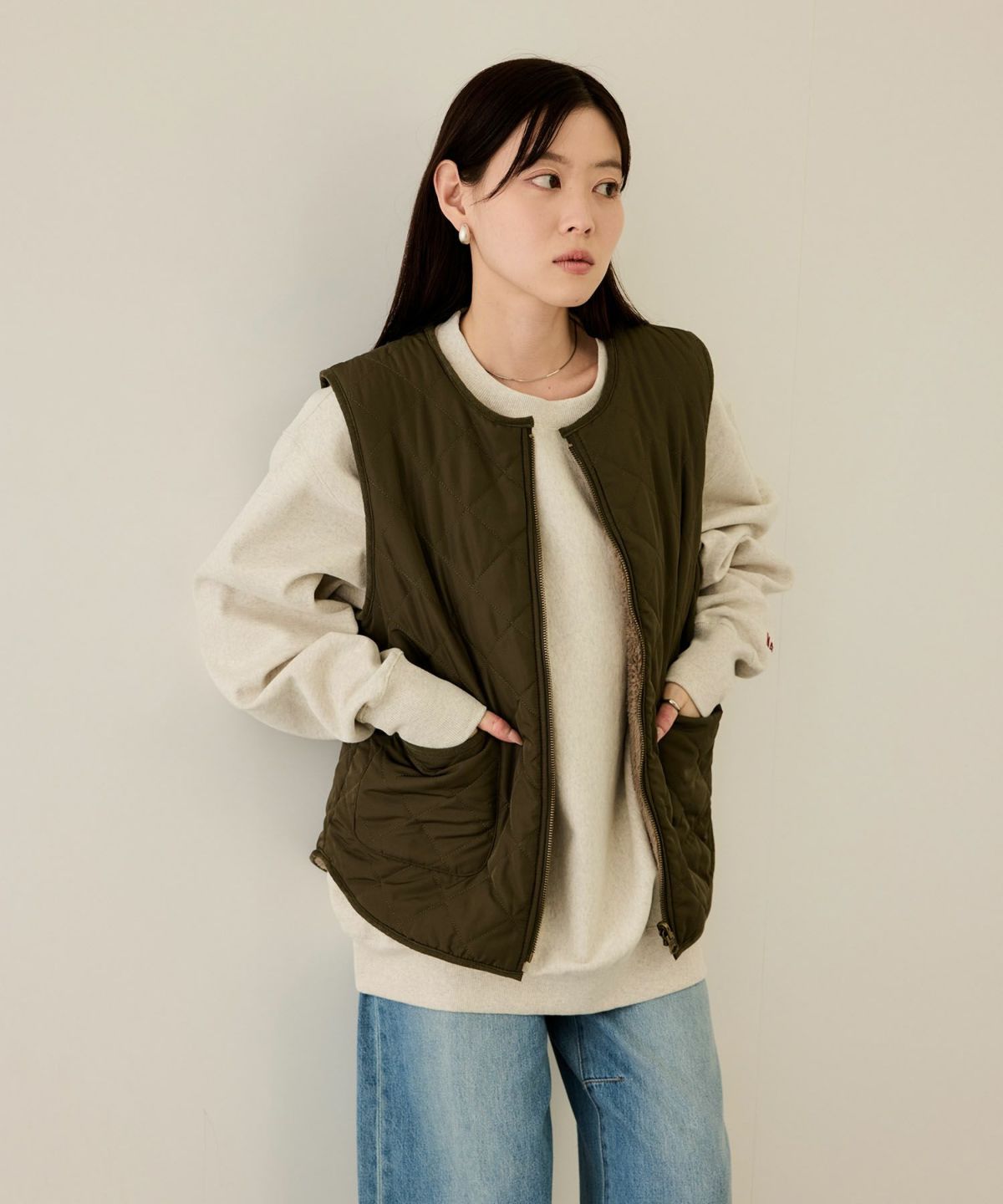 NAVY ボア×タフタリバーシブルベスト レディース