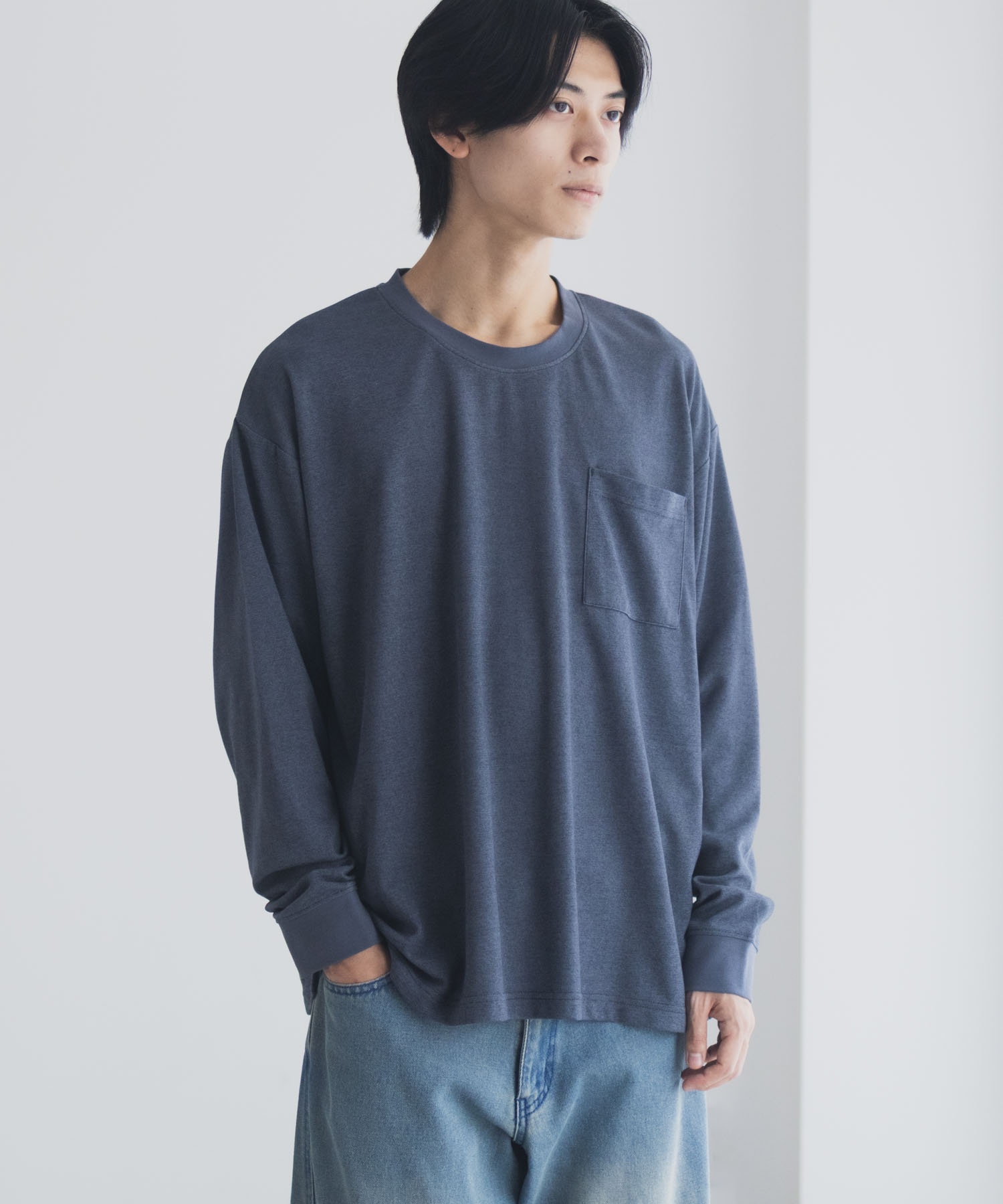 NAVY タフラク ポンチ素材ポケツキ長袖Tシャツ メンズ