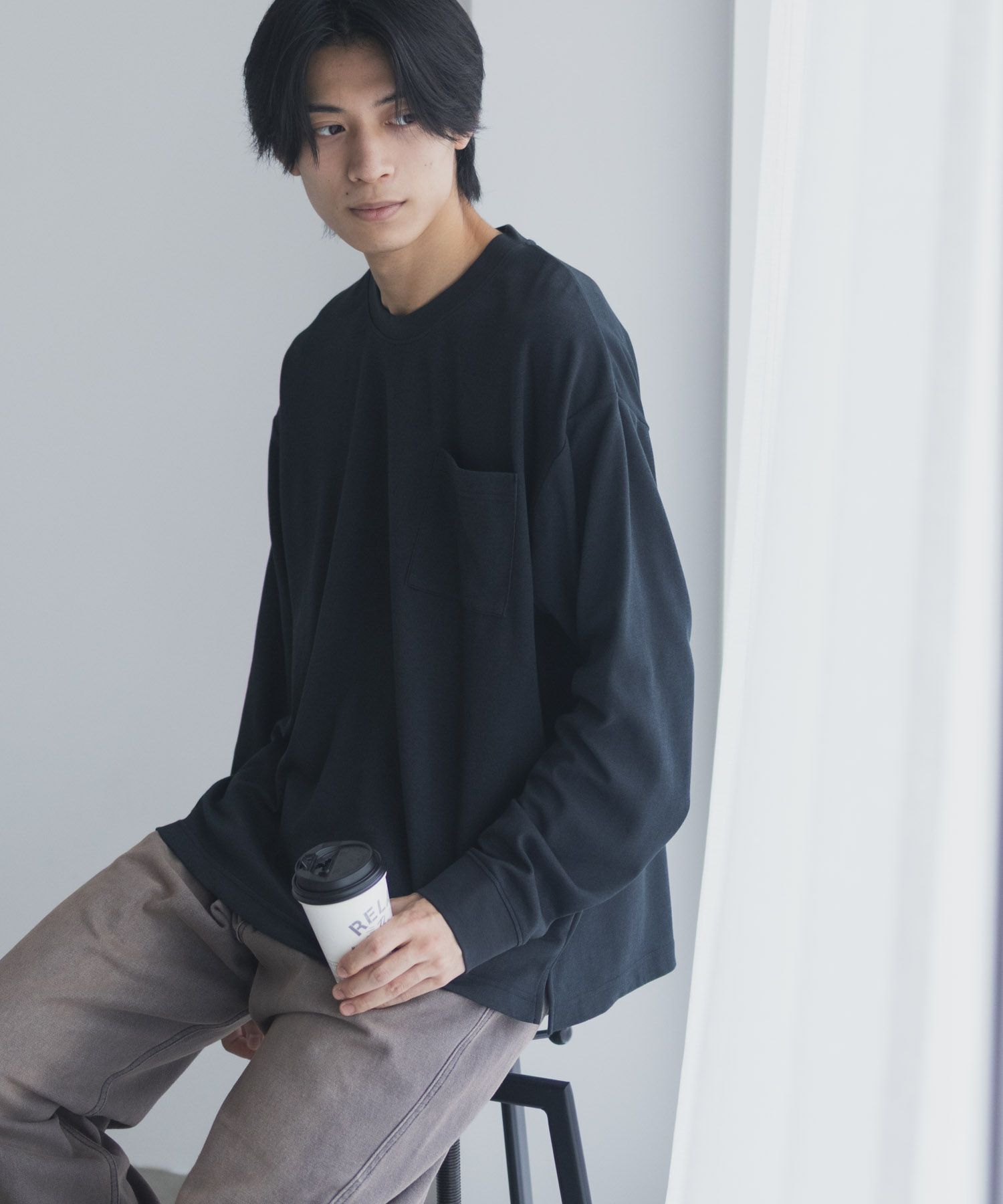 NAVY タフラク ポンチ素材ポケツキ長袖Tシャツ メンズ商品画像-3