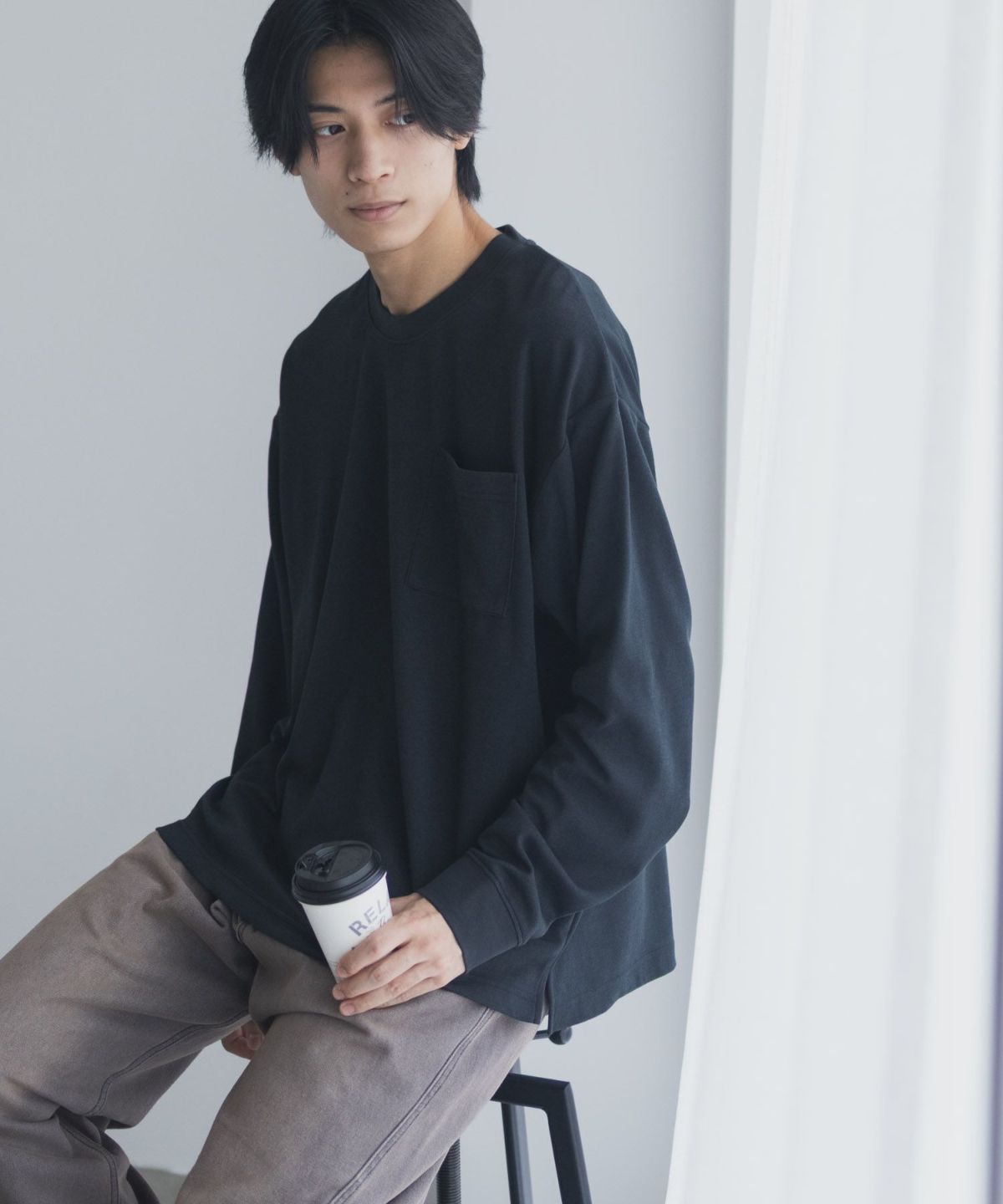 NAVY タフラク ポンチ素材ポケツキ長袖Tシャツ メンズ