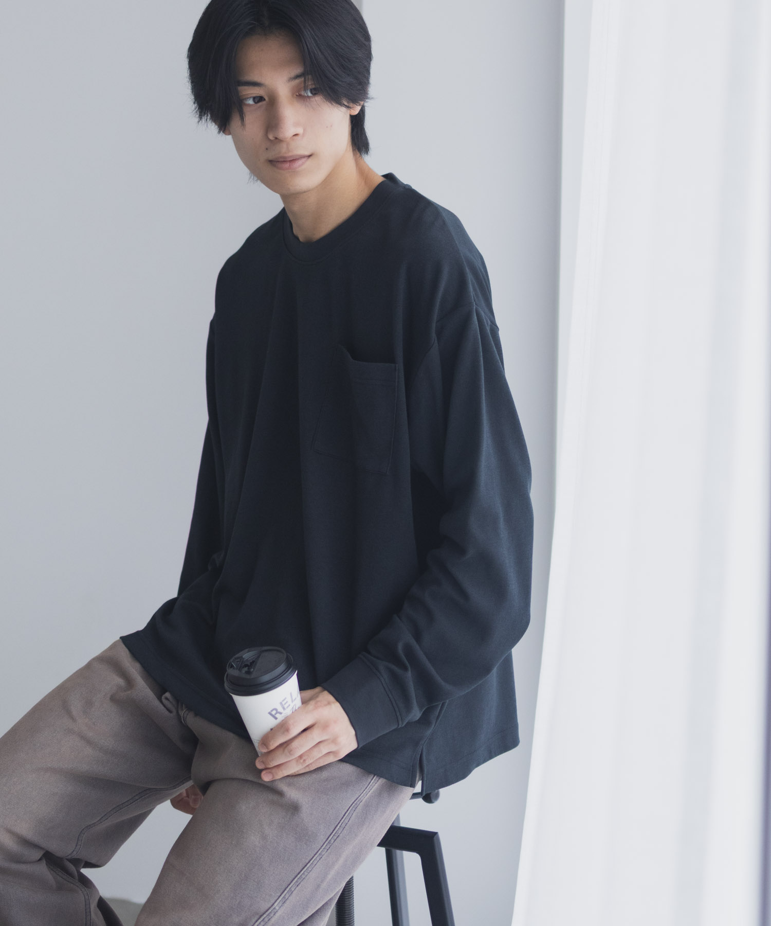 NAVY タフラク ポンチ素材ポケツキ長袖Tシャツ メンズ