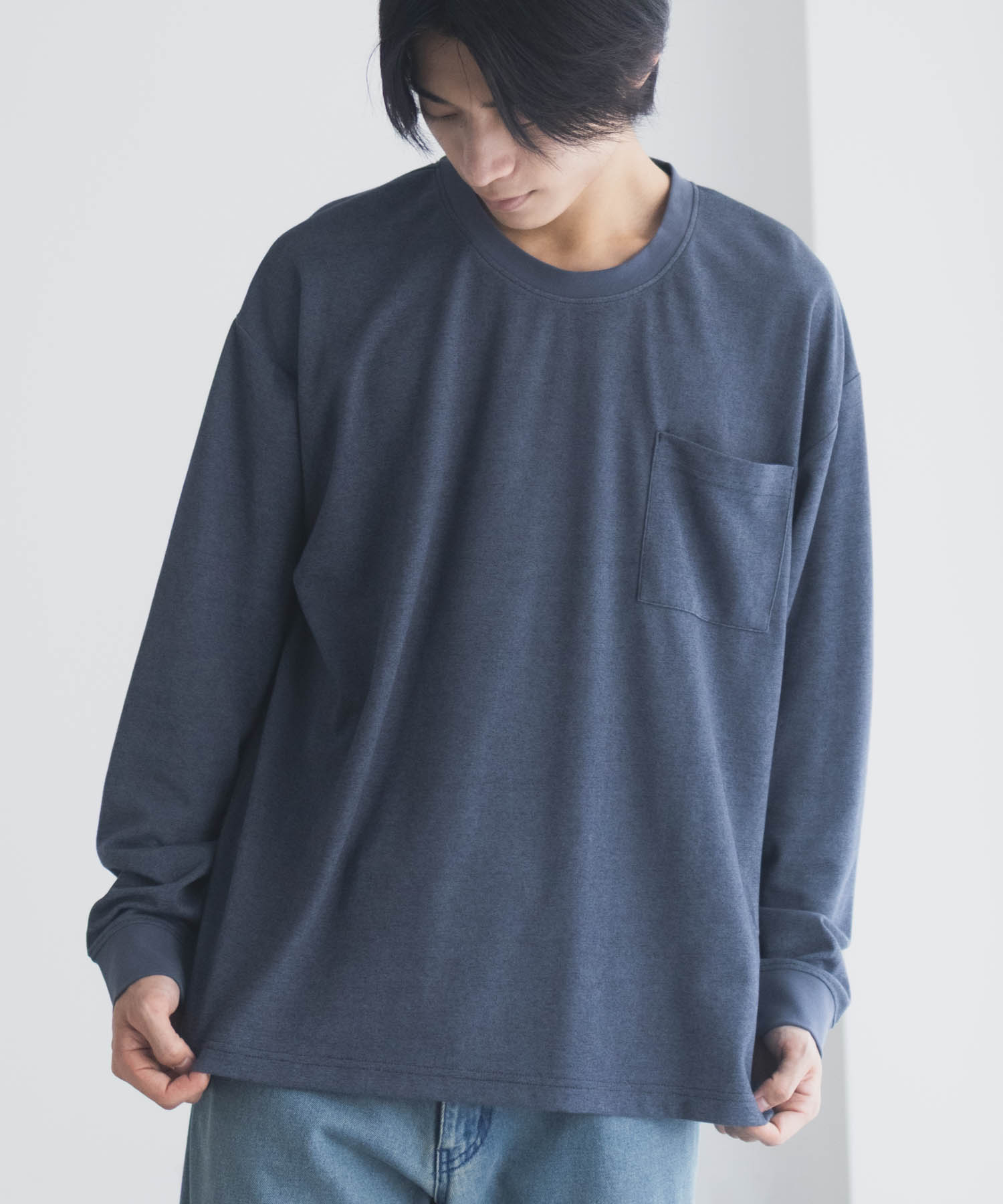 NAVY タフラク ポンチ素材ポケツキ長袖Tシャツ メンズ