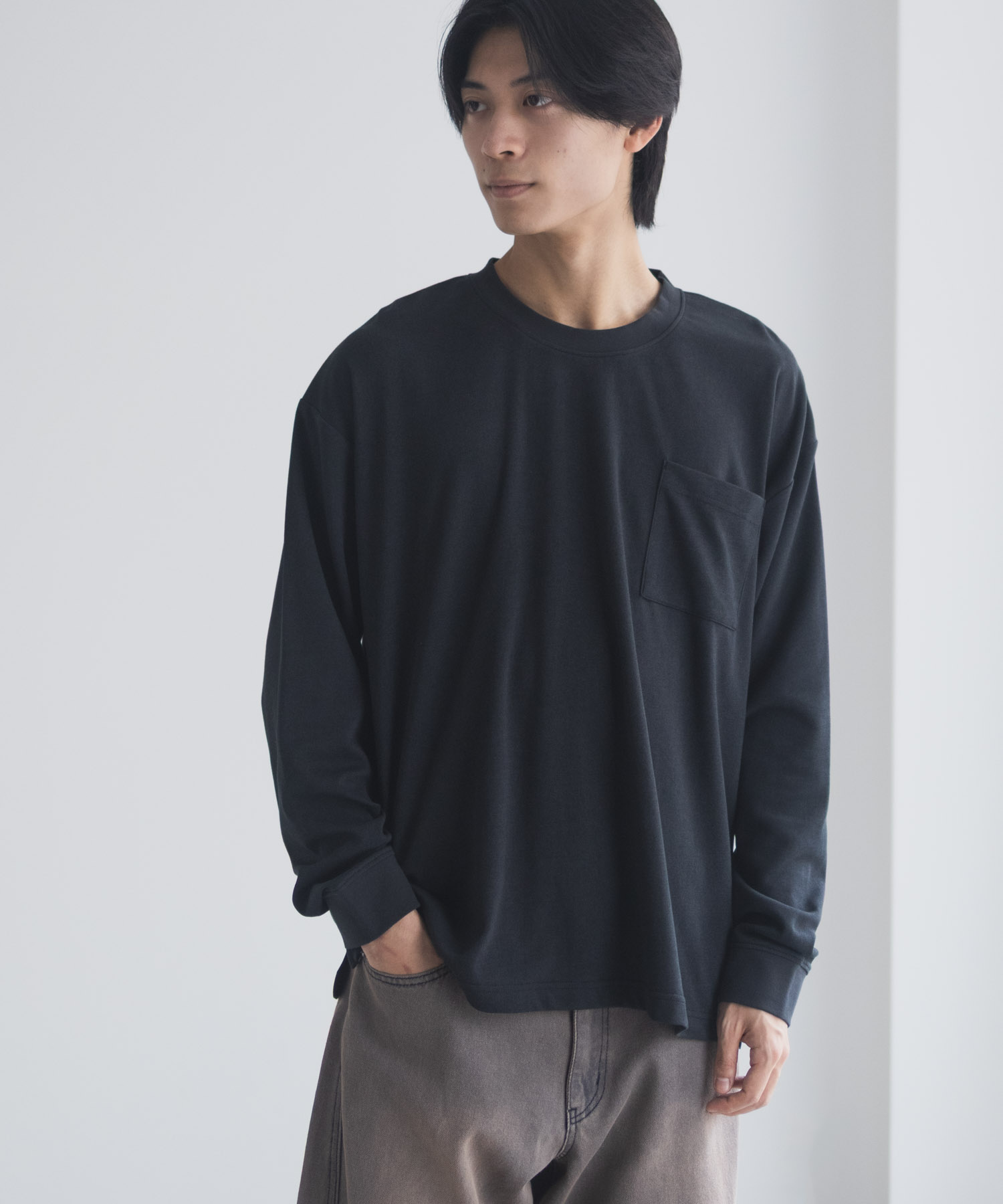 NAVY タフラク ポンチ素材ポケツキ長袖Tシャツ メンズ