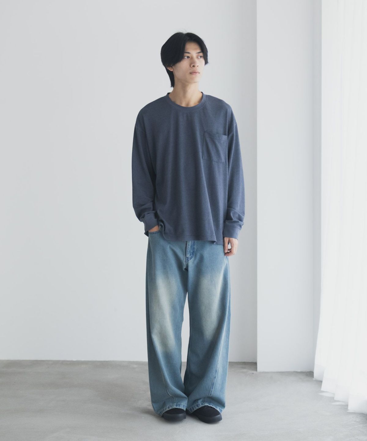 NAVY タフラク ポンチ素材ポケツキ長袖Tシャツ メンズ