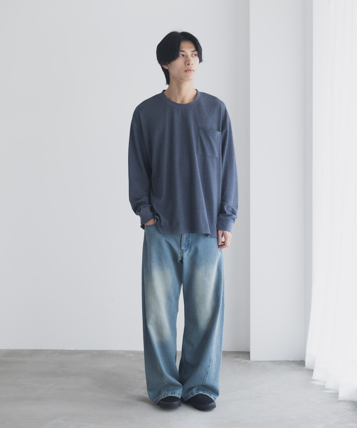 NAVY タフラク ポンチ素材ポケツキ長袖Tシャツ メンズ