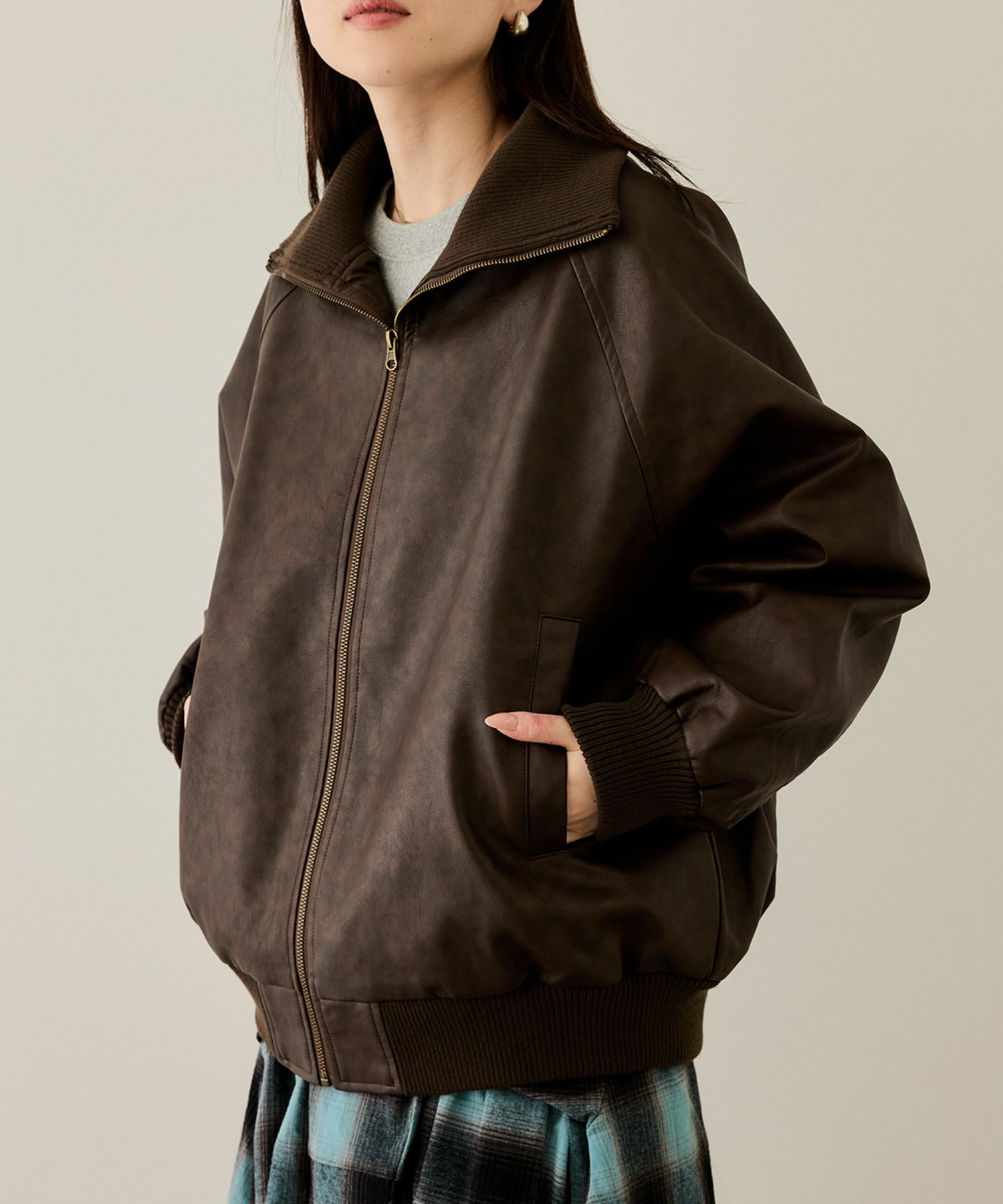 [最終さらに50%OFF][値下げ]nAvy 合皮リブブルゾン レディース商品サムネイル-1