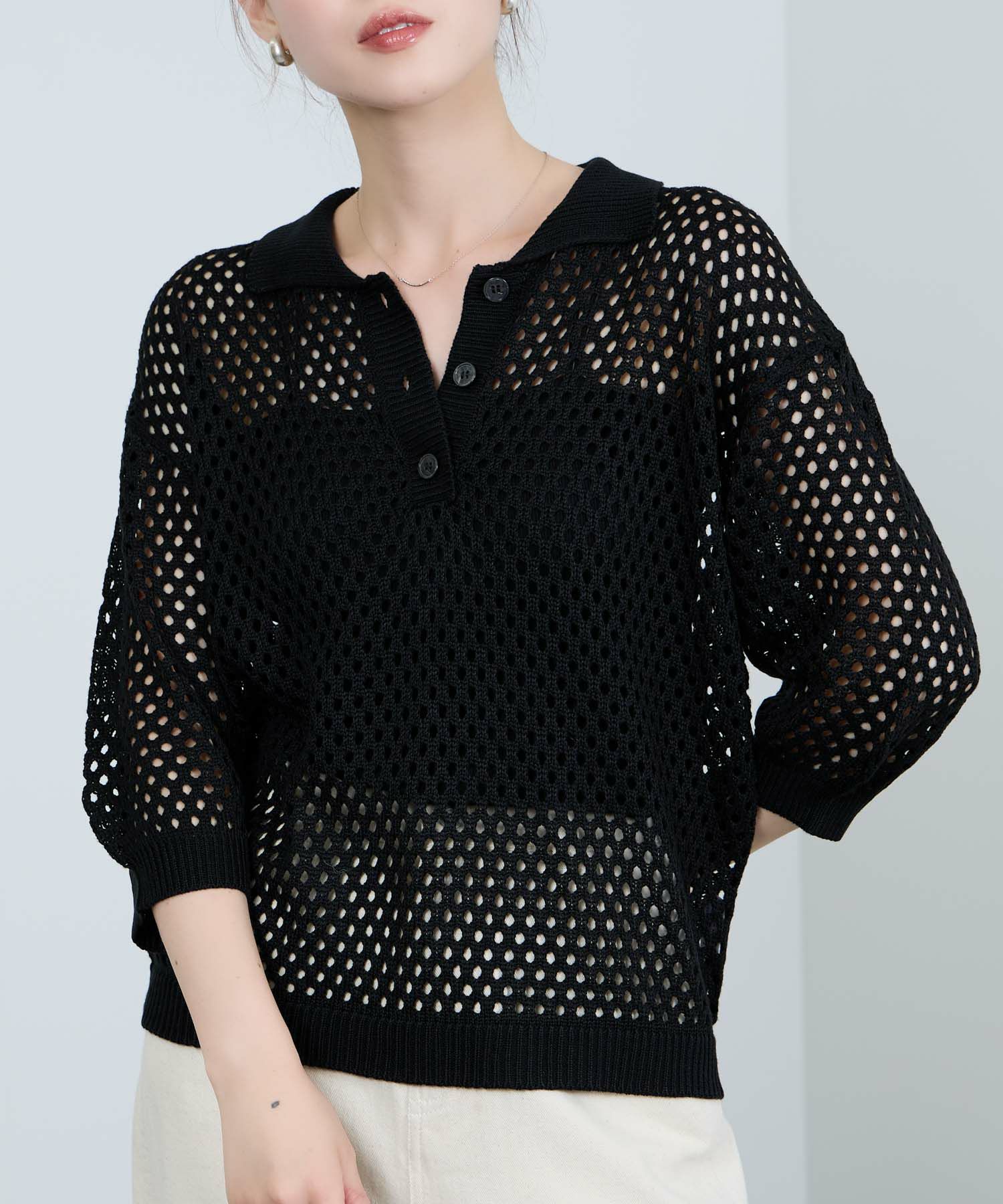 [さらに50%OFF]Idnes  メッシュニットポロシャツ レディース商品画像-1