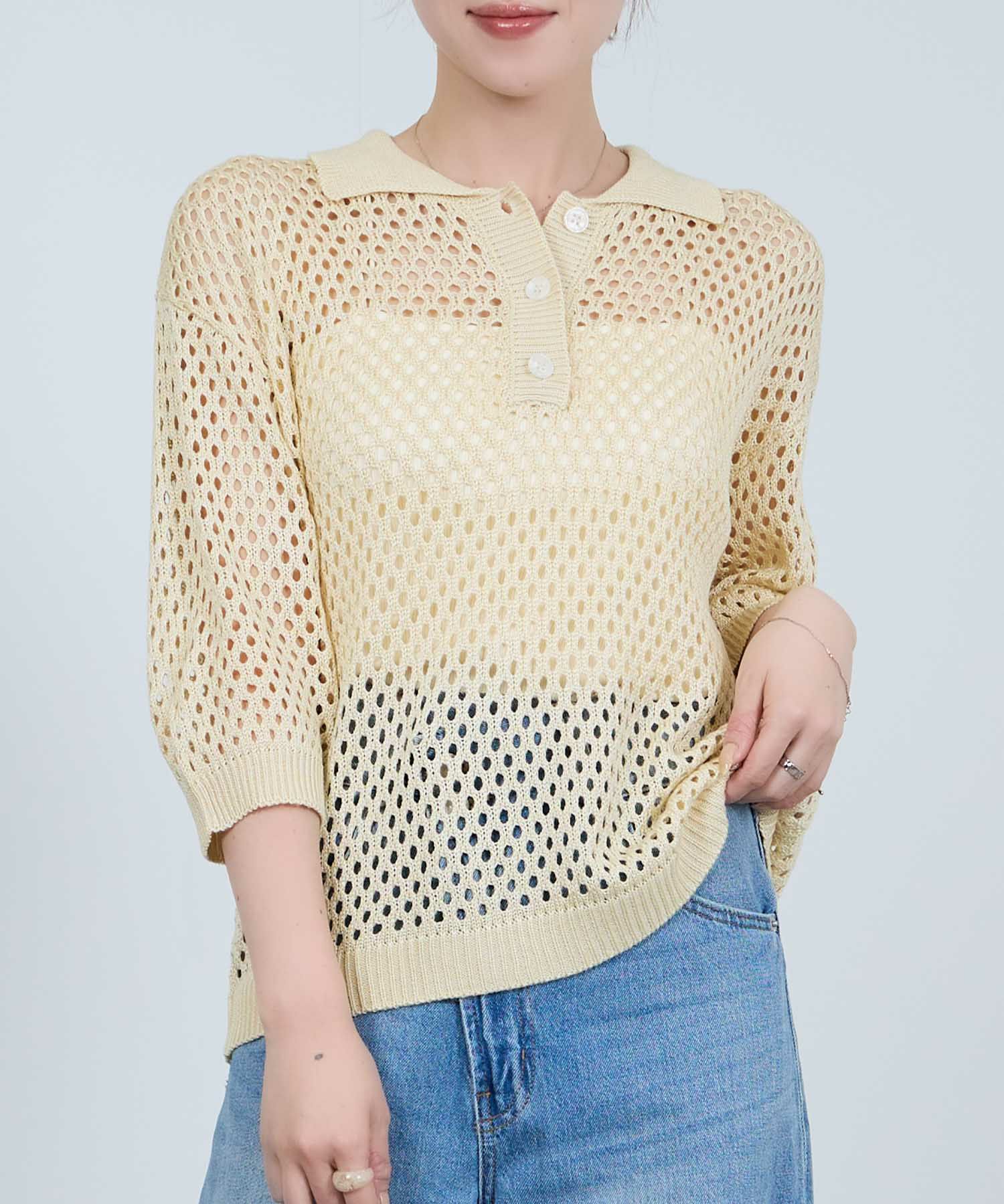 Idnes メッシュニットポロシャツ レディース