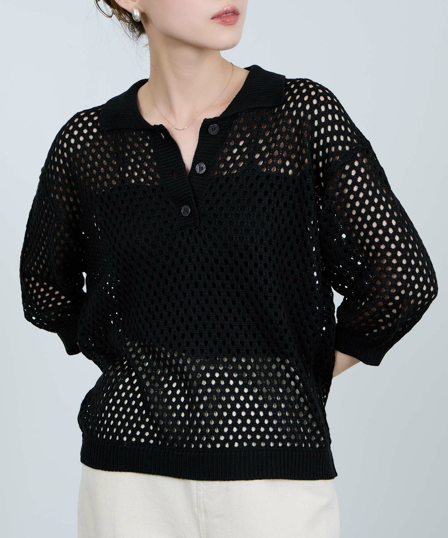 [さらに50%OFF]Idnes  メッシュニットポロシャツ レディース商品画像-5