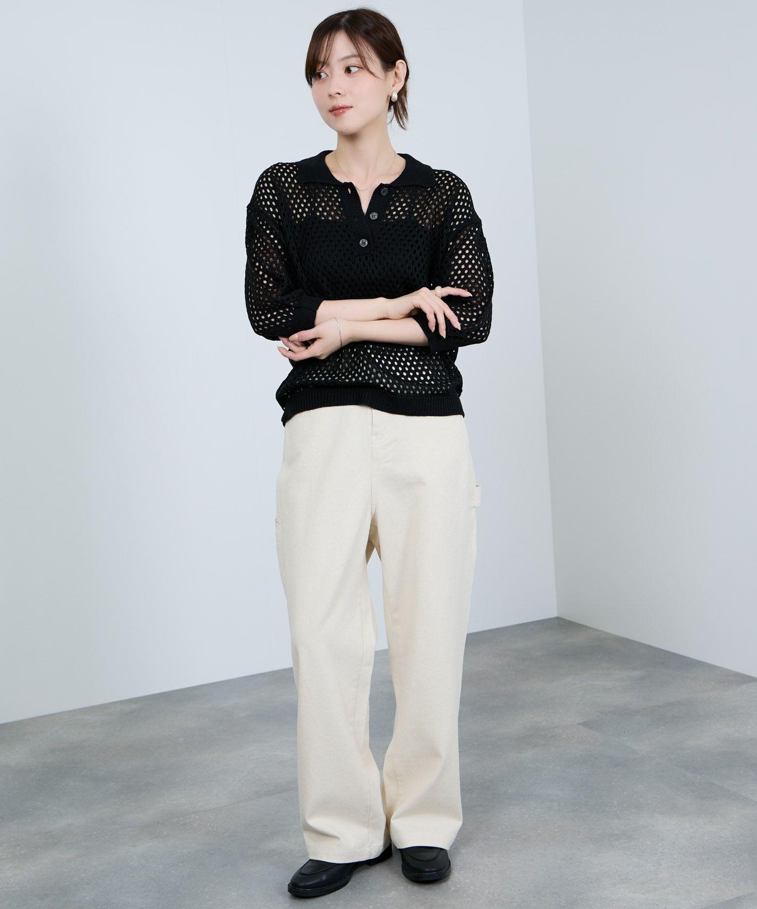 Idnes メッシュニットポロシャツ レディース