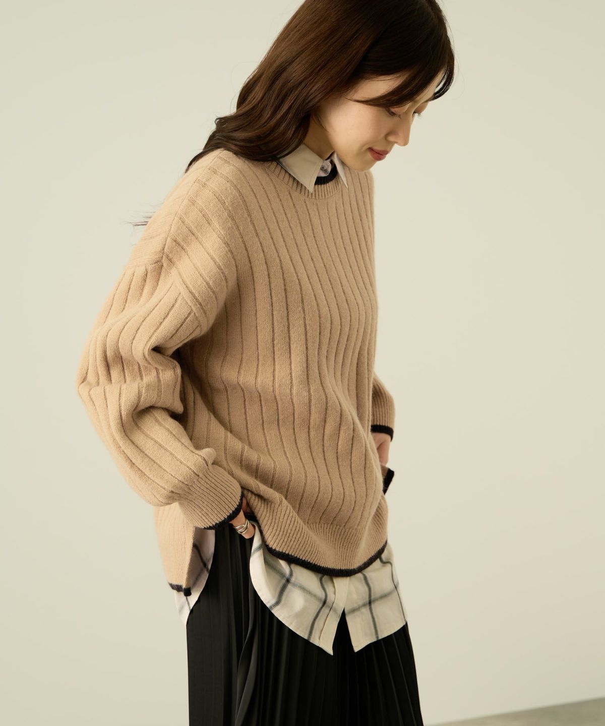 nAvy もちり もちもち 洗えるニット 配色クルーネック レディース