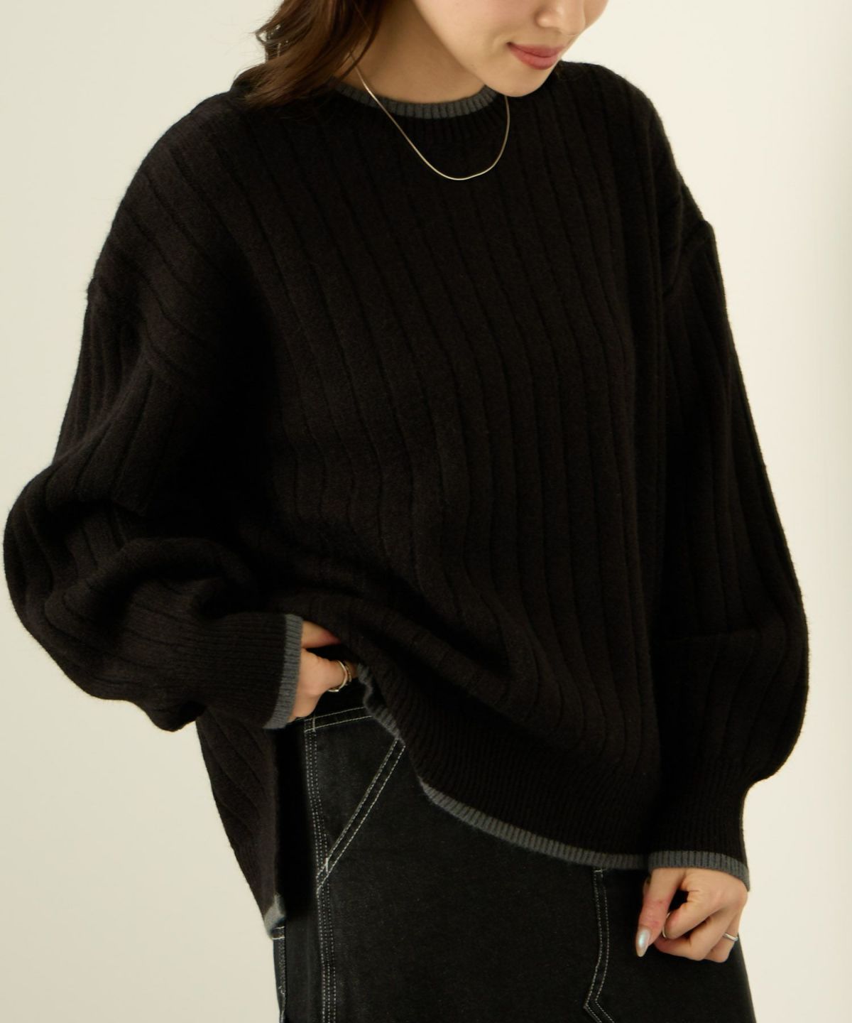 nAvy もちり もちもち 洗えるニット 配色クルーネック レディース