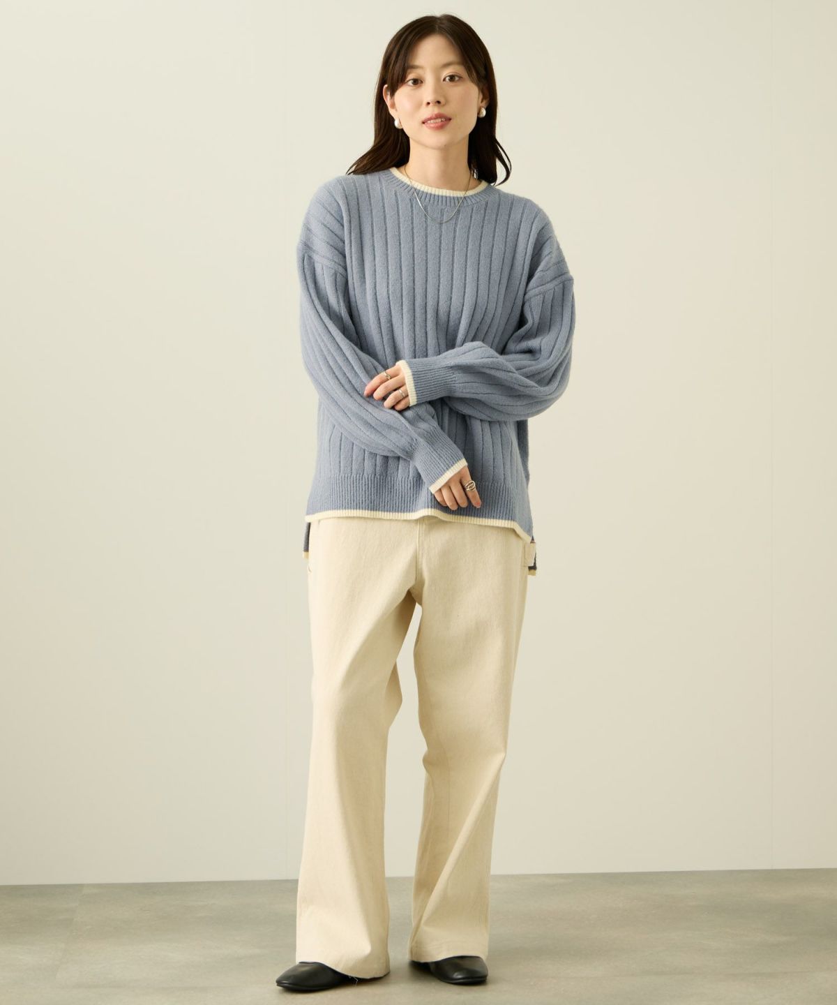 nAvy もちり もちもち 洗えるニット 配色クルーネック レディース