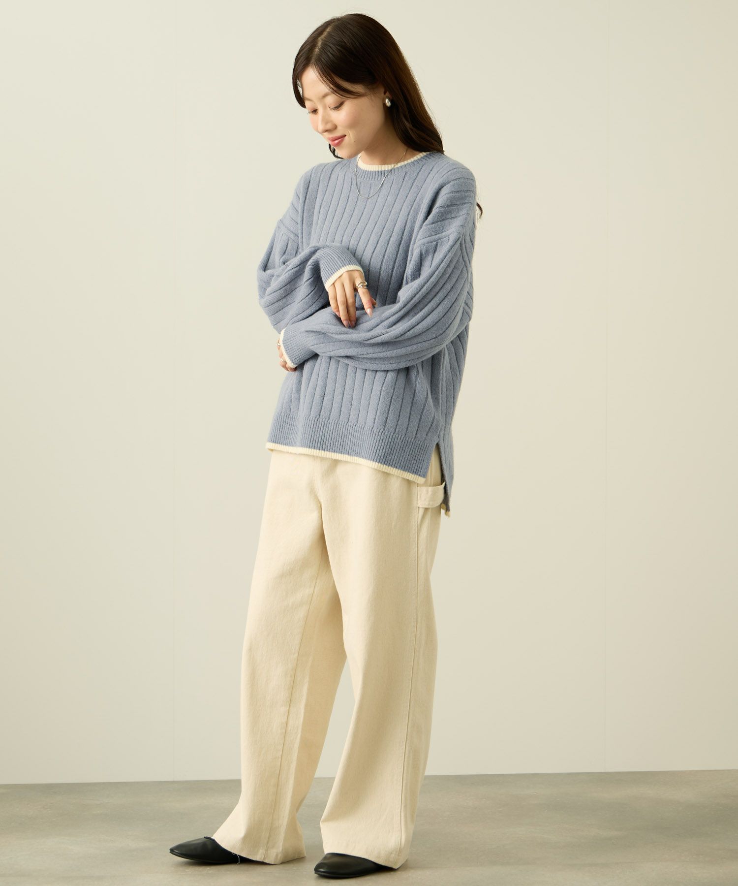 nAvy もちり もちもち 洗えるニット 配色クルーネック レディース