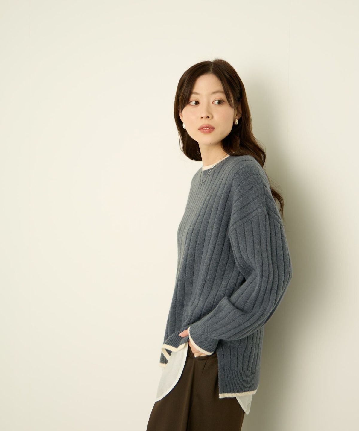 nAvy もちり もちもち 洗えるニット 配色クルーネック レディース