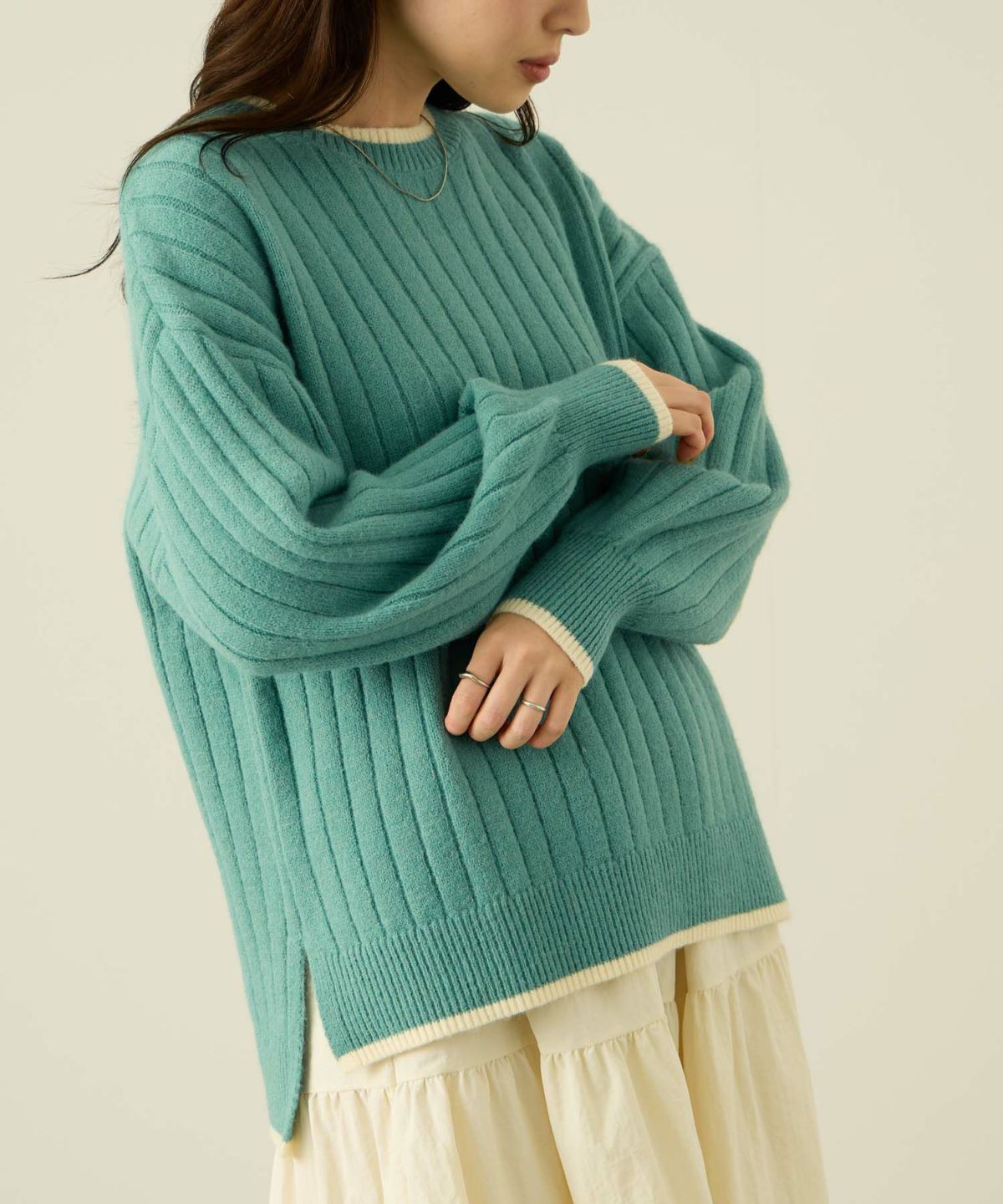 nAvy もちり もちもち 洗えるニット 配色クルーネック レディース