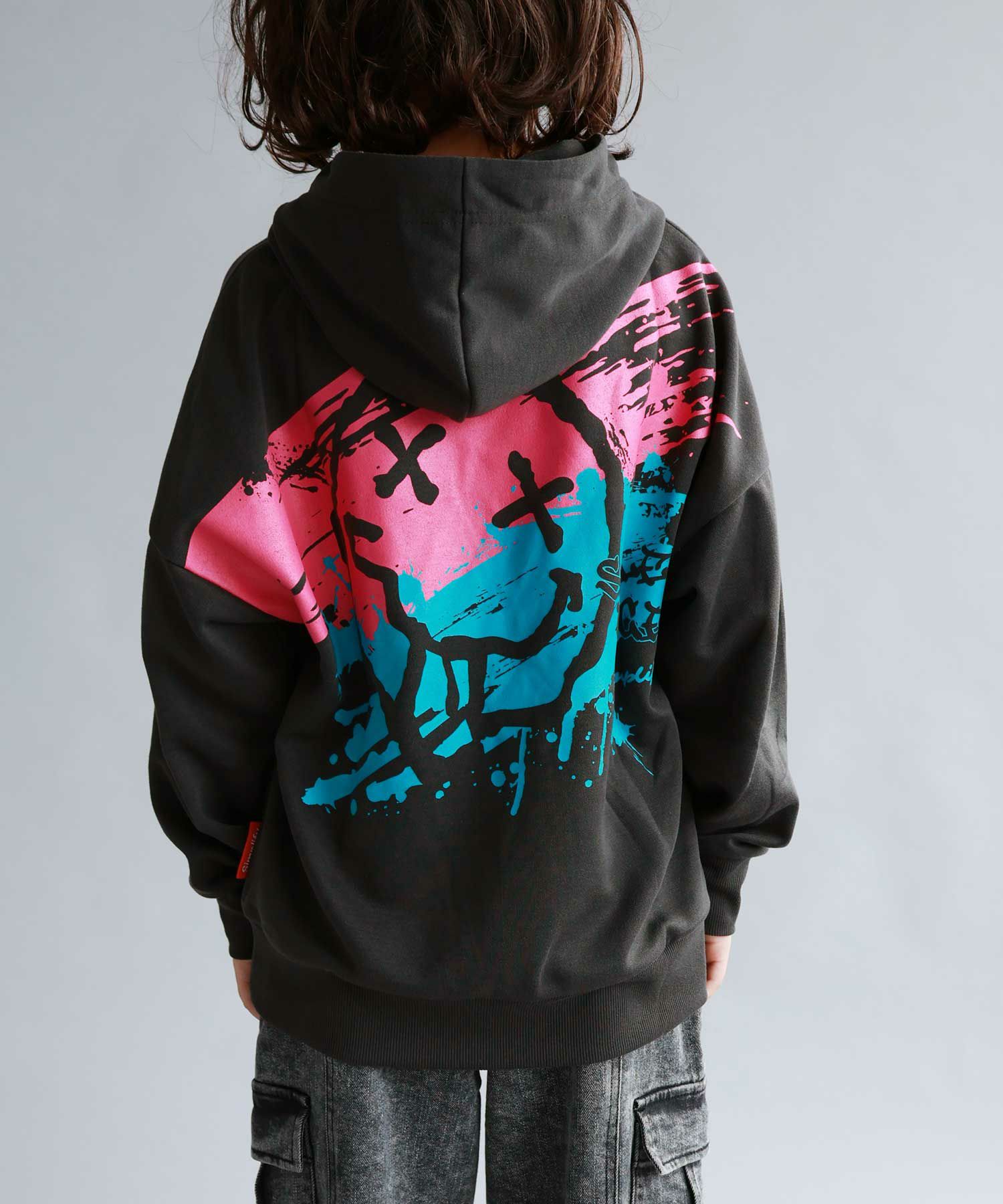 Simplify  スマイリーフェイス ポンチ素材プリントビッグパーカー キッズ商品画像-3