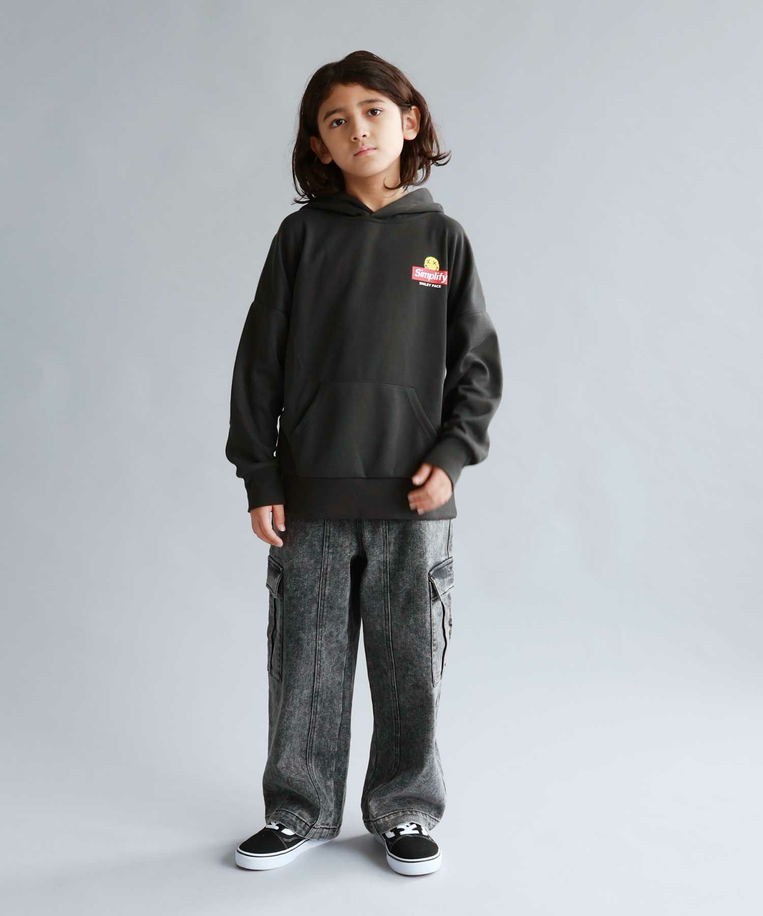 Simplify  スマイリーフェイス ポンチ素材プリントビッグパーカー キッズ商品画像-5