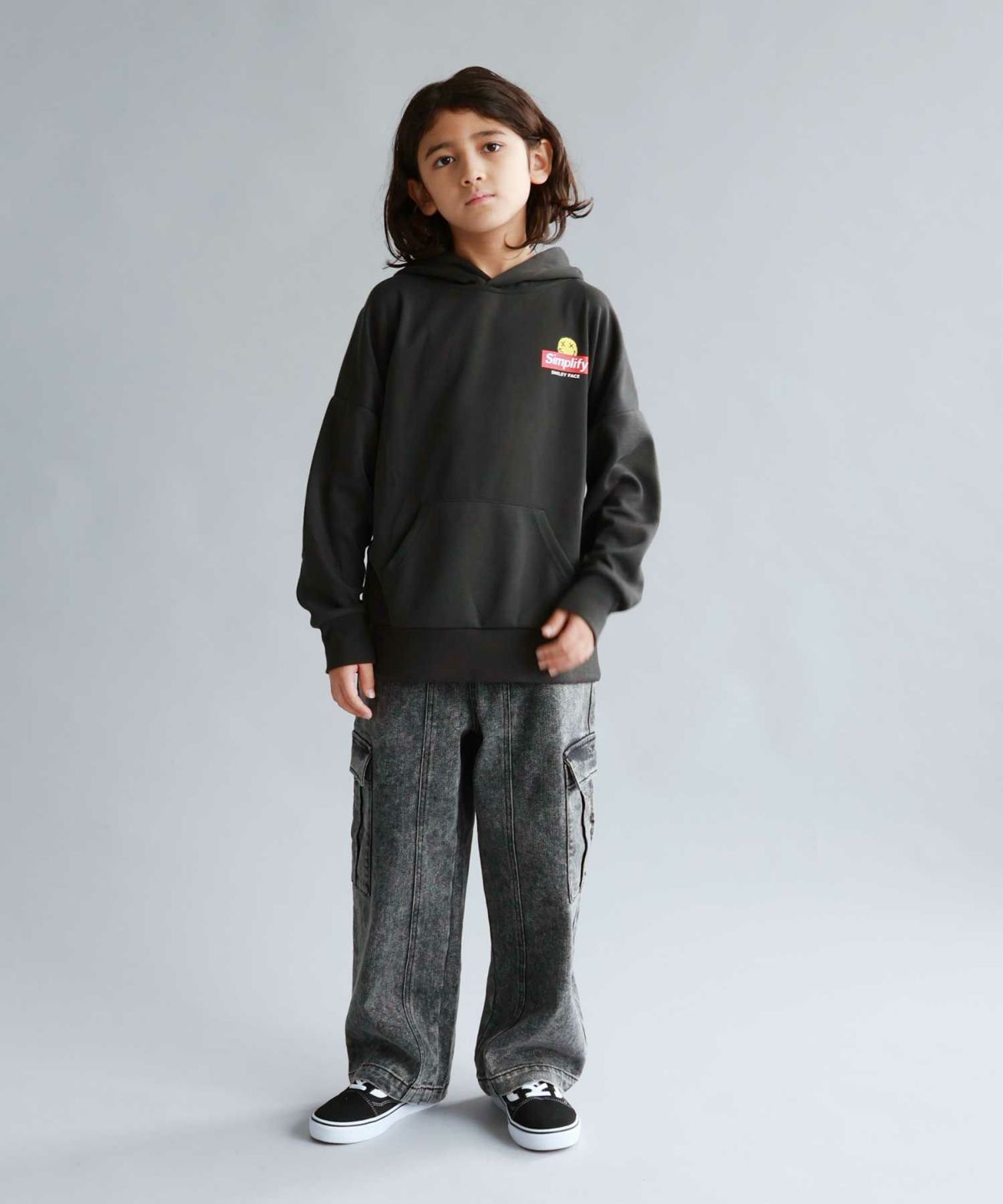 Simplify スマイリーフェイス ポンチ素材プリントビッグパーカー キッズ