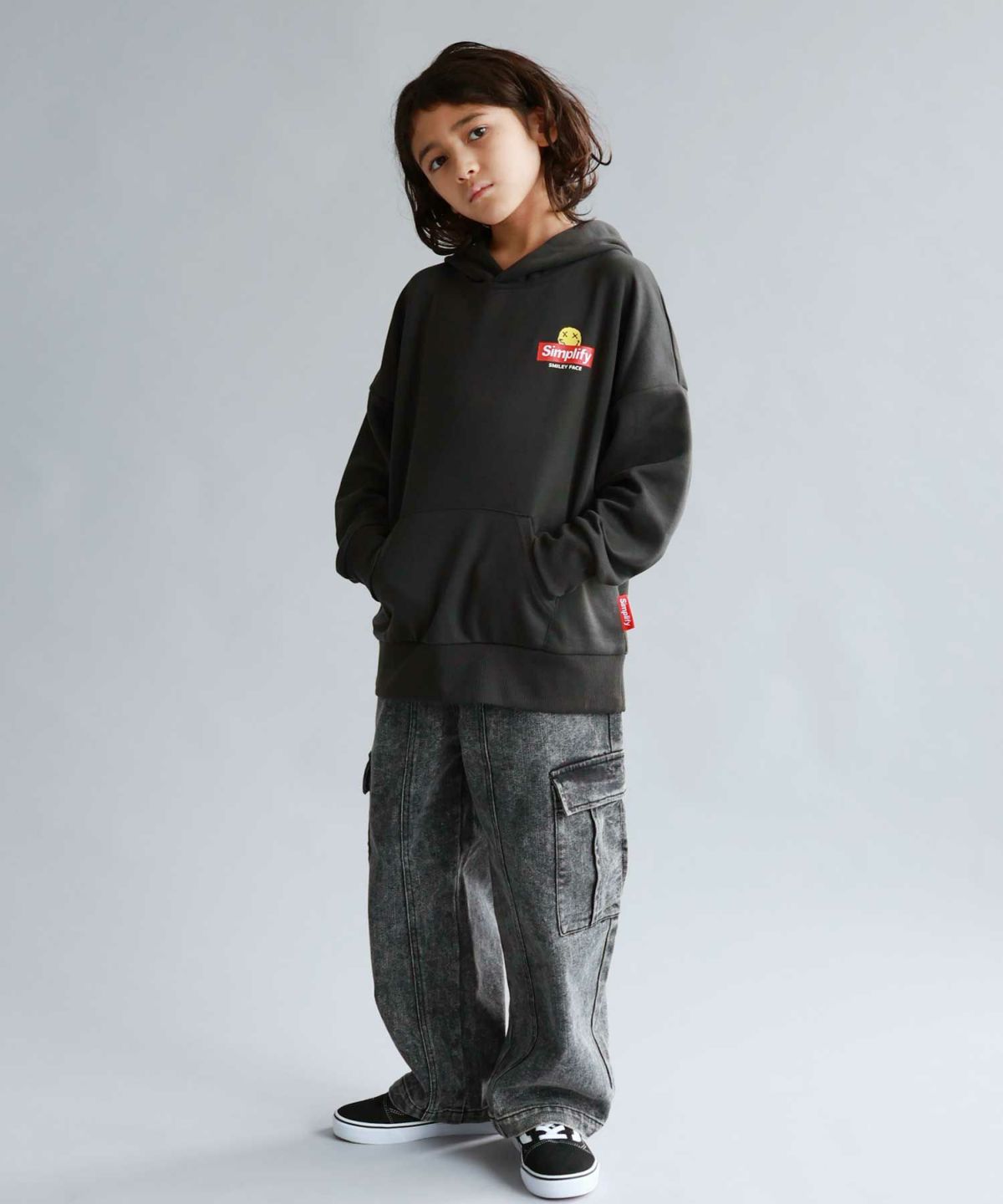 Simplify スマイリーフェイス ポンチ素材プリントビッグパーカー キッズ