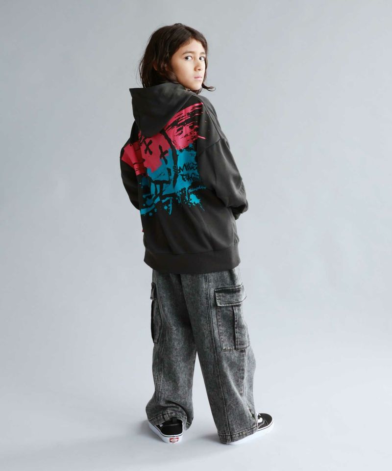 Simplify スマイリーフェイス ポンチ素材プリントビッグパーカー キッズ