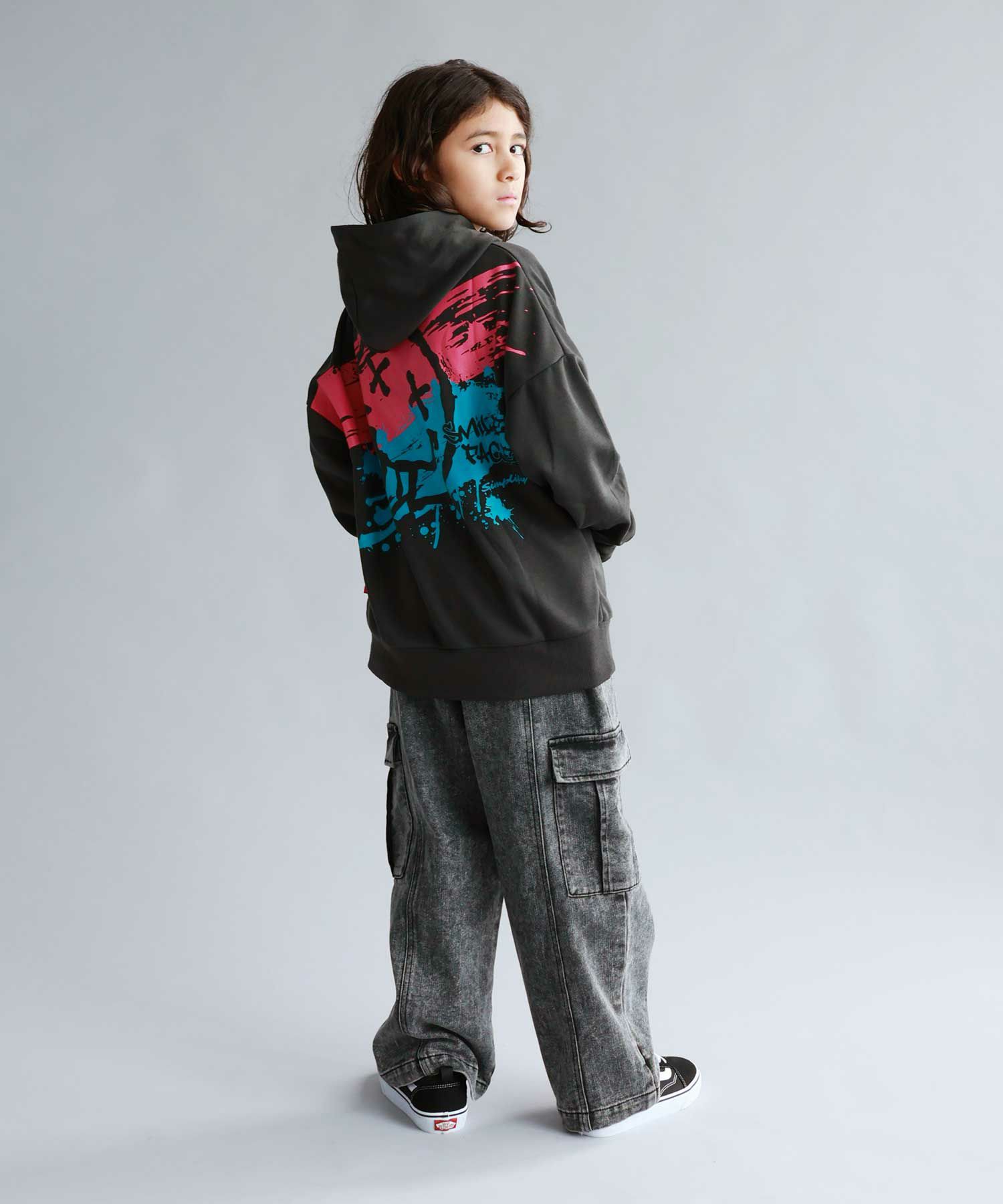 Simplify  スマイリーフェイス ポンチ素材プリントビッグパーカー キッズ商品画像-8