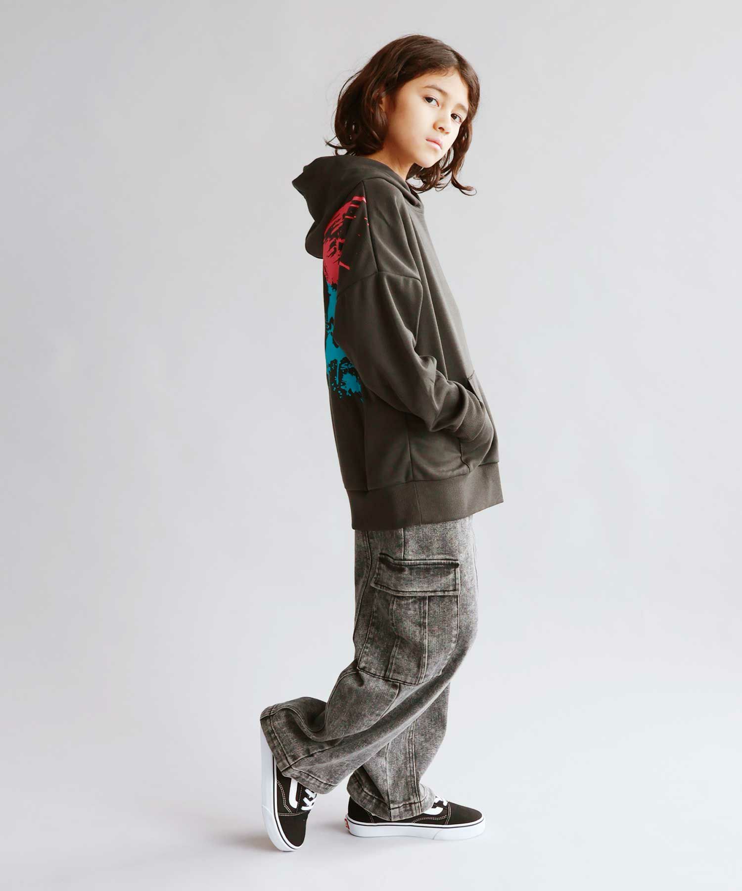 Simplify  スマイリーフェイス ポンチ素材プリントビッグパーカー キッズ商品画像-9