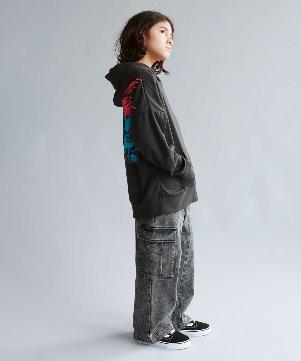 Simplify スマイリーフェイス ポンチ素材プリントビッグパーカー キッズ