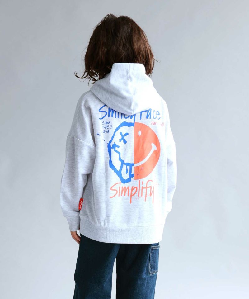 Simplify スマイリーフェイス ポンチ素材プリントビッグパーカー キッズ