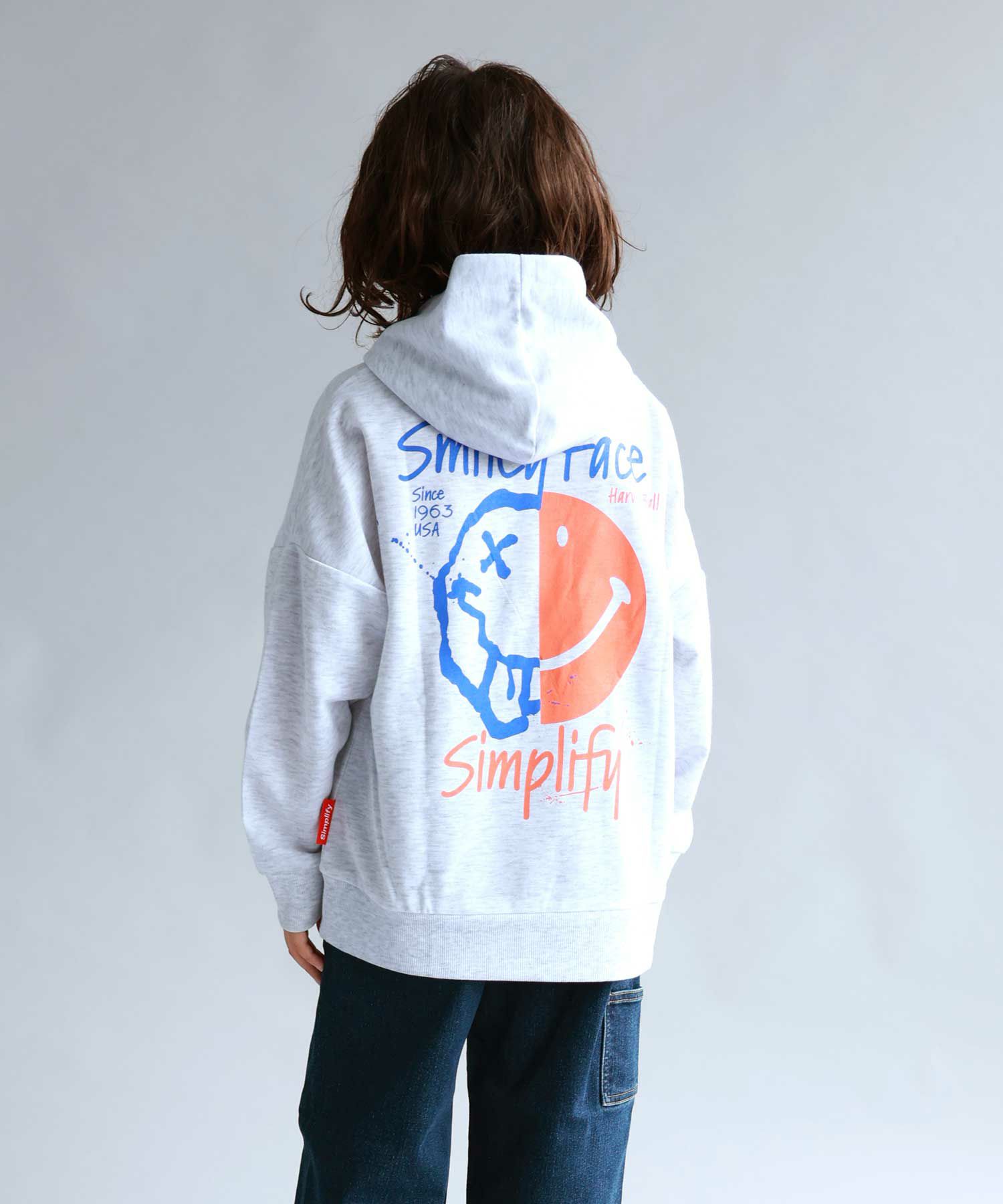 Simplify スマイリーフェイス ポンチ素材プリントビッグパーカー キッズ